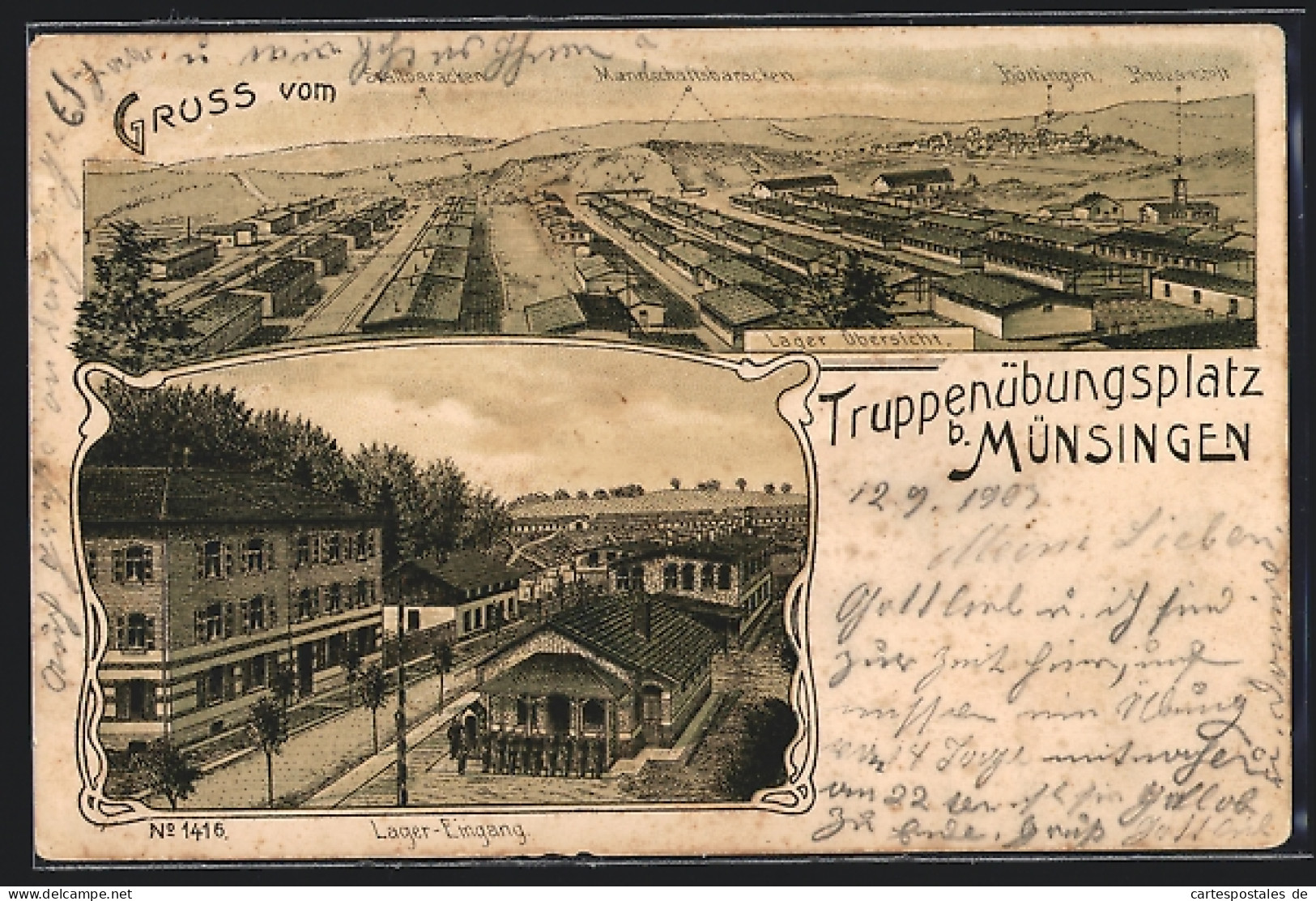 Lithographie Münsingen, Truppenübungsplatz, Lager Eingang Und Barackenlager  - Muensingen