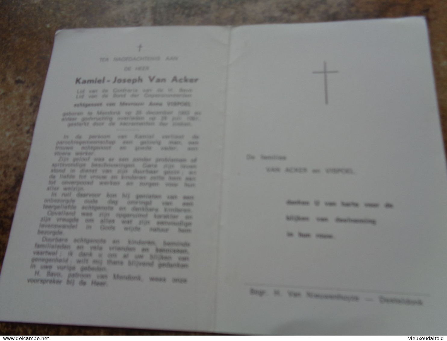 Doodsprentje/Bidprentje  Kamiel Joseph Van Acker   Mendonk 1893-1981 - Religion & Esotérisme