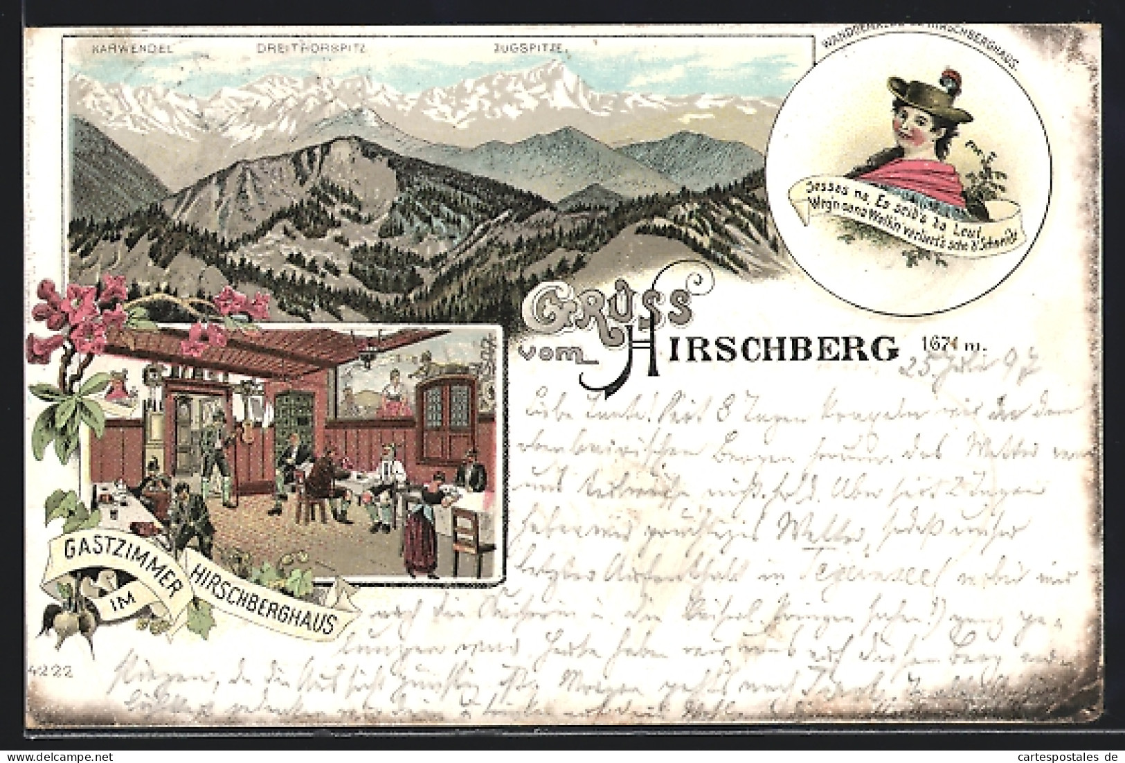 Lithographie Tegernsee, Hirschberg, Gastzimmer Im Hirschberghaus, Zugspitze  - Zugspitze