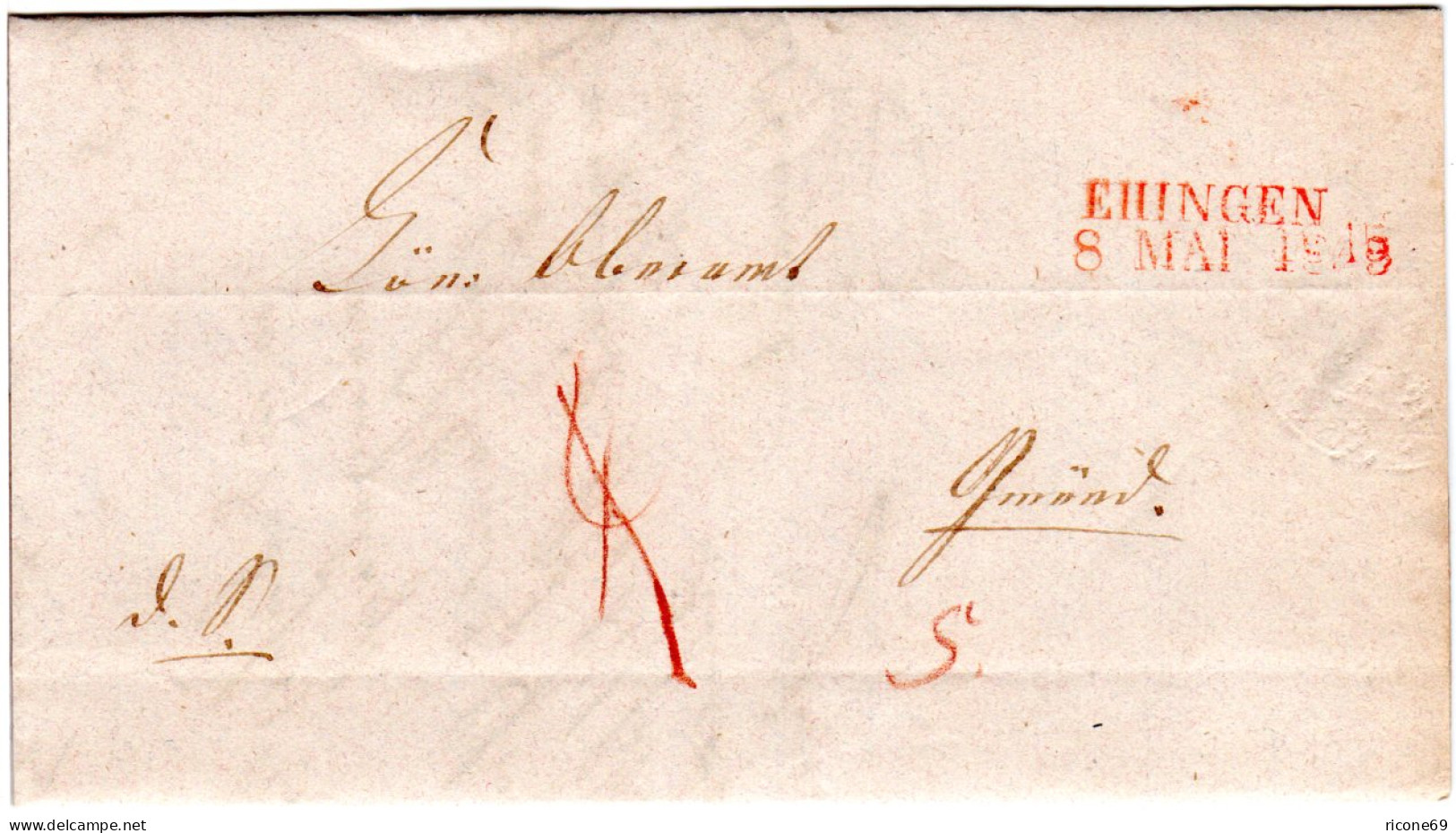 Württemberg 1845, L2 EHINGEN In Rot Auf Brief N. Gmünd. - Prefilatelia