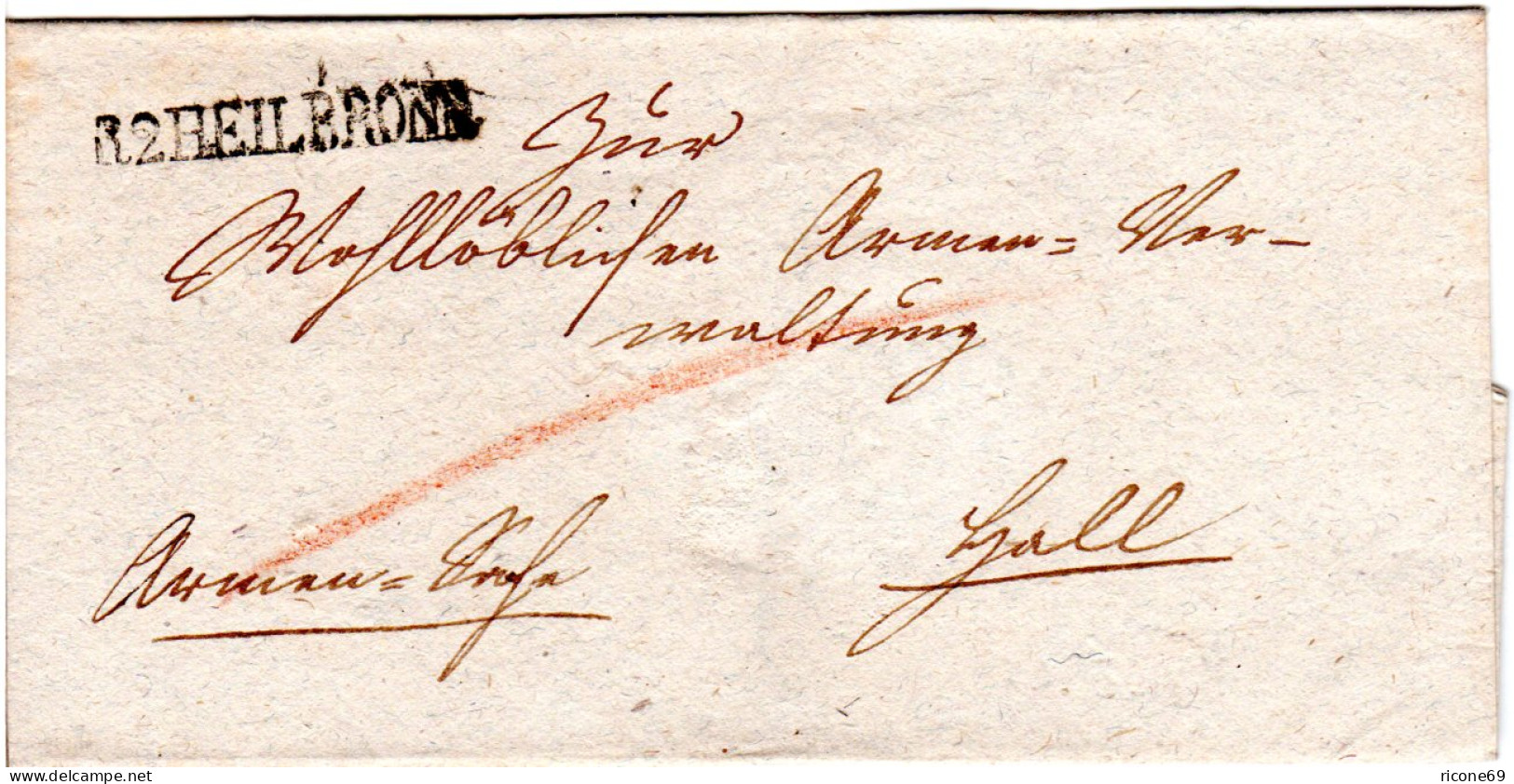 Württemberg, L1 R2 HEILBRONN Auf Armensache Brief N. Hall. - Prefilatelia