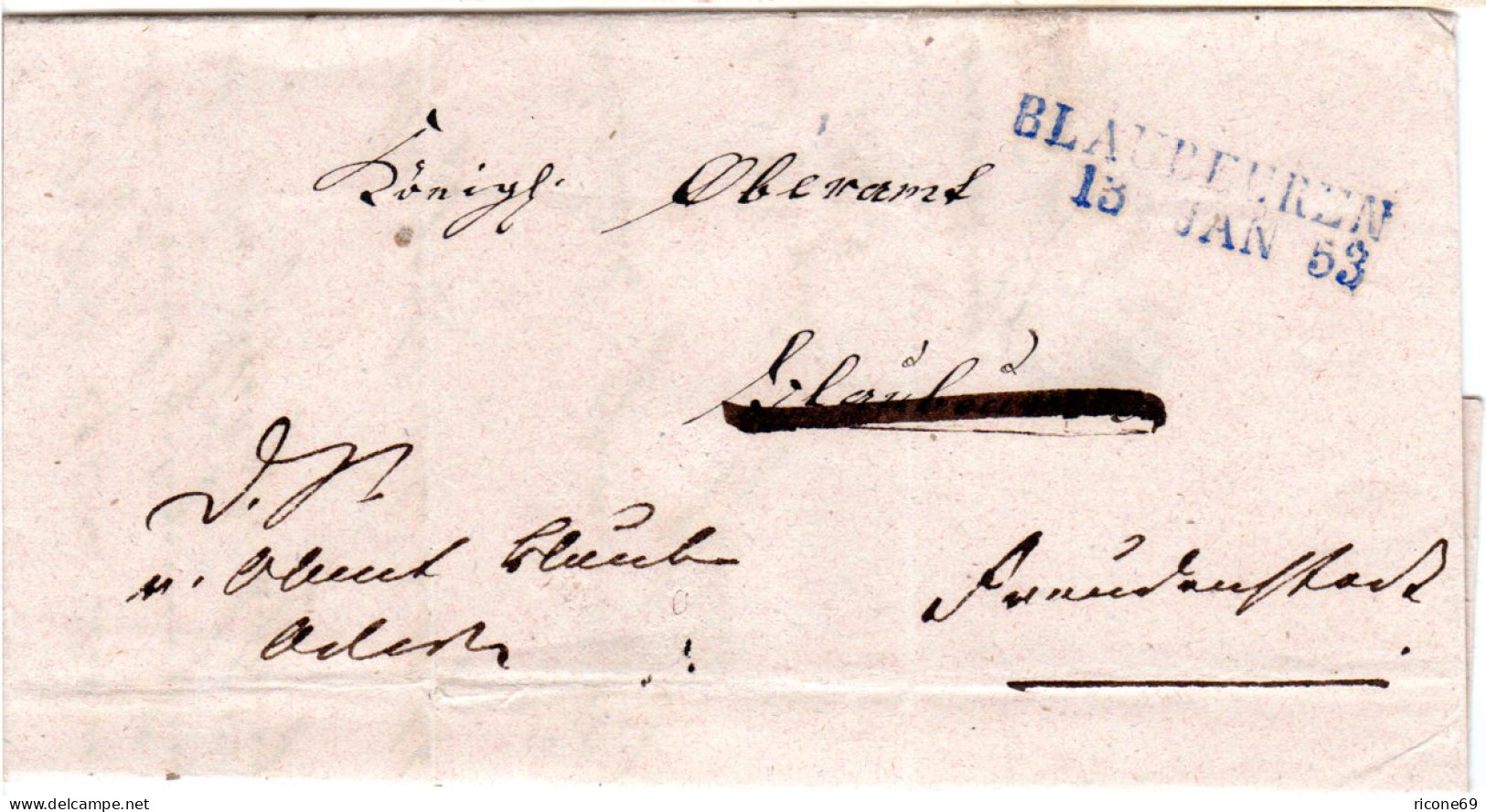 Württemberg 1853, L2 BLAUBEUREN Auf Brief V. Pfalzgrafenweiler N. Freudenstadt - Precursores