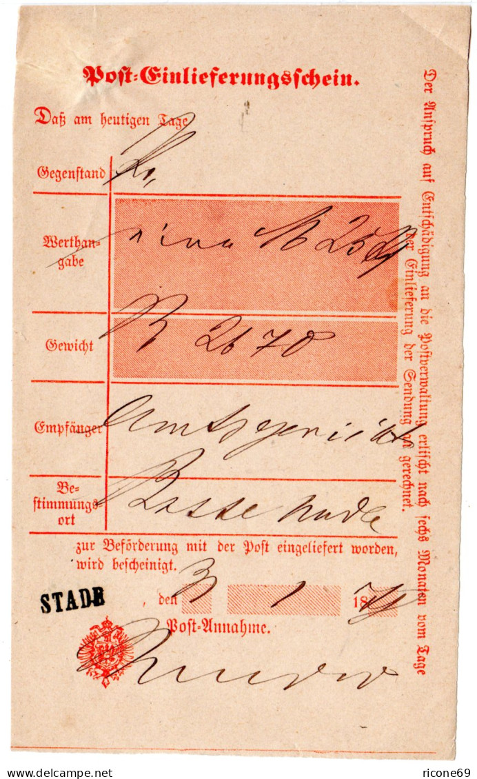 DR 1878, Hannover-L1 STADE Auf Post-Einlieferungsschein - Briefe U. Dokumente