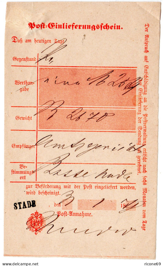 DR 1878, Hannover-L1 STADE Auf Post-Einlieferungsschein - Lettres & Documents