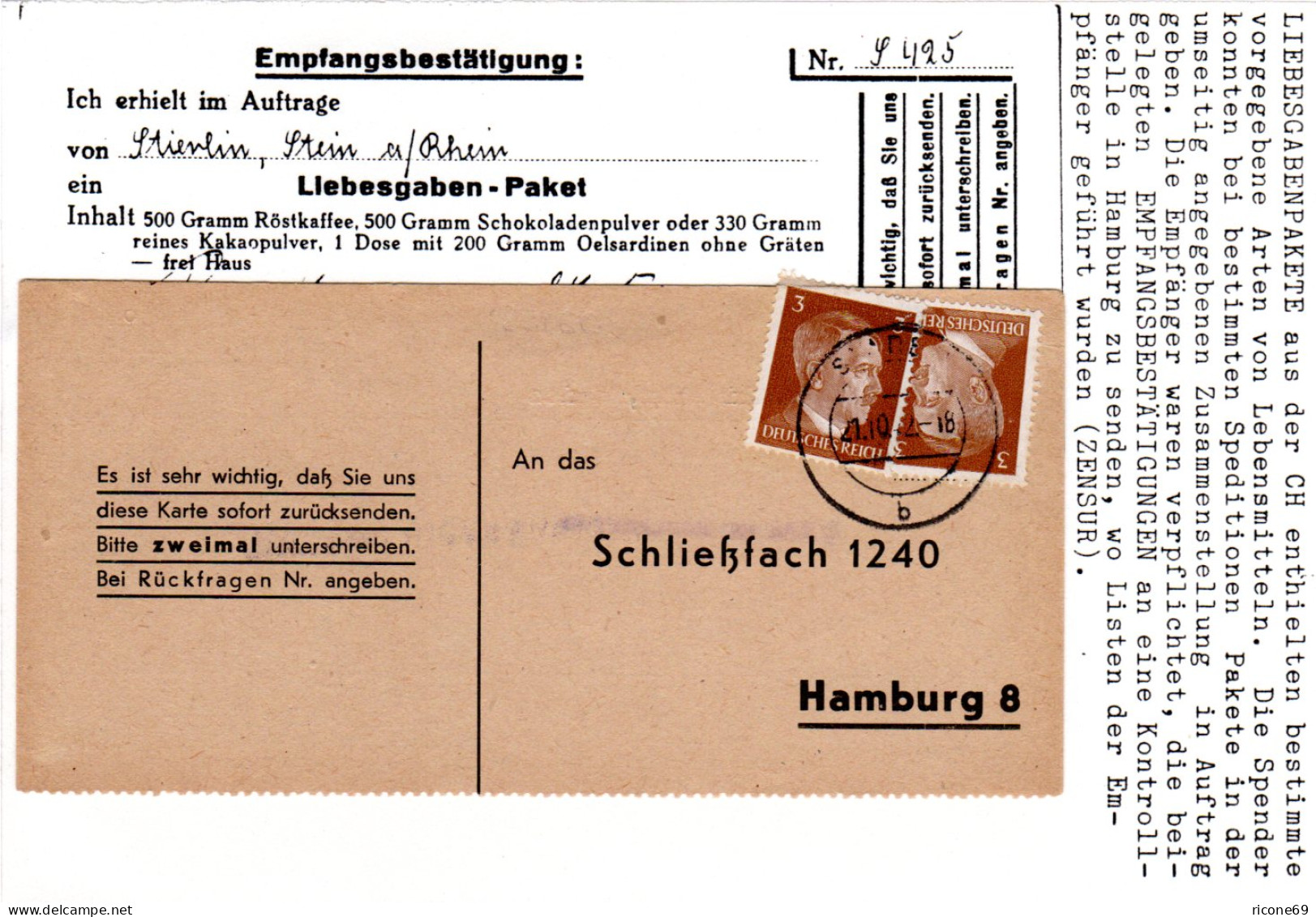 DR 1942, 2x3 Pf. Auf Liebesgaben Paket Empfangsbestätigungskarte V. Stade - Briefe U. Dokumente