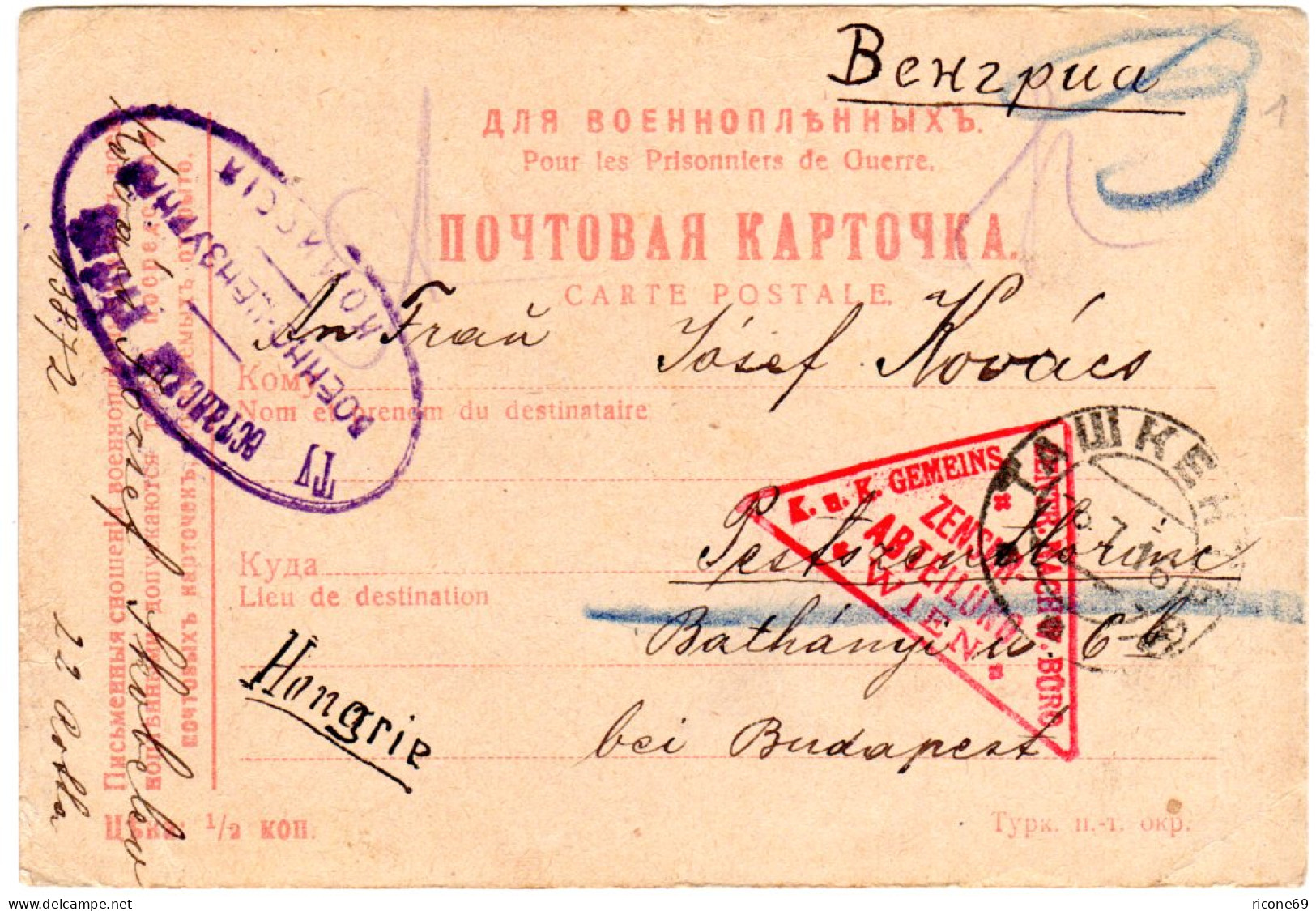 1916, Ungarn  POW KGF Karte V. Skobelev M. Stpl. Taschkent  - Lettres & Documents