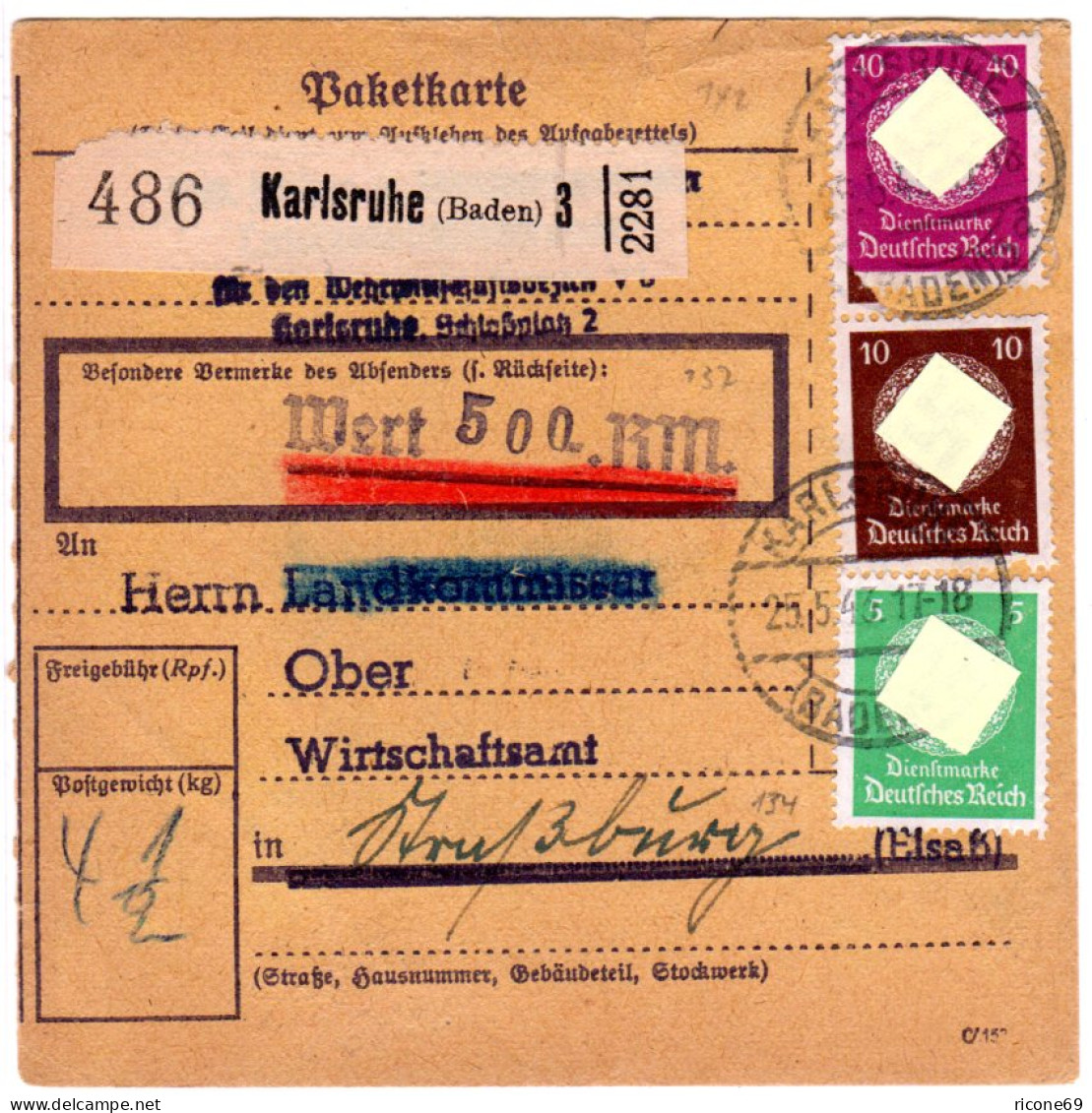 DR 1943, 5+10+40 Pf. Dienst Auf Wert Paketkarte V. Karlsruhe N. Straßburg - Briefe U. Dokumente