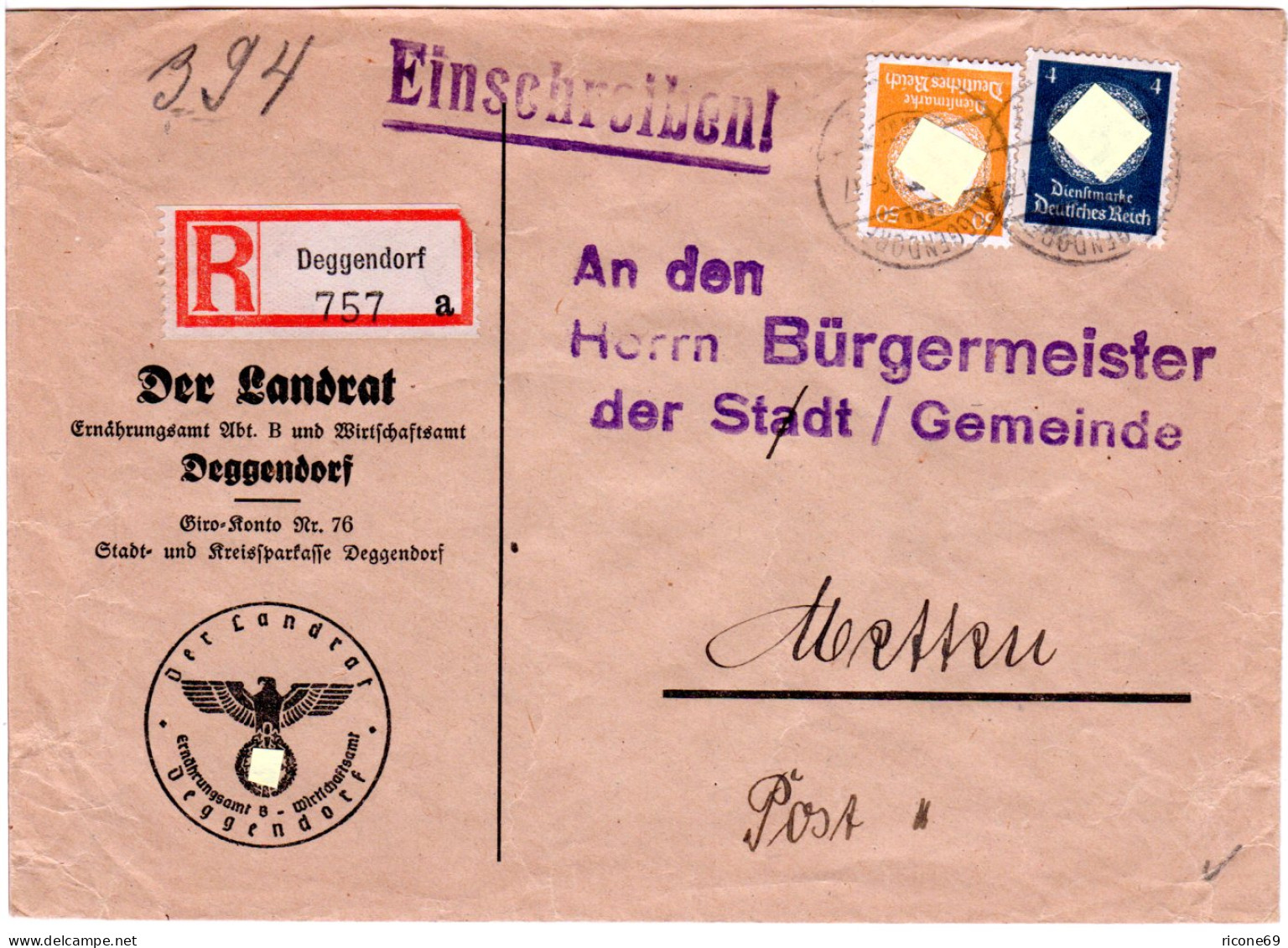 DR 1943, 4+50 Pf. Dienst Auf Einschreiben Brief V. Deggendorf N. Metten. - Briefe U. Dokumente