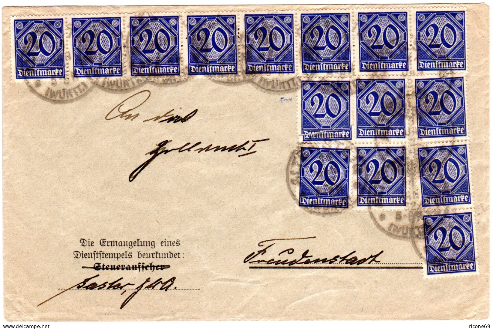 DR 1922, MeF/Massenfrankatur 15x20 Pf. Dienst Auf Brief V. Altensteig. Geprüft. - Servizio