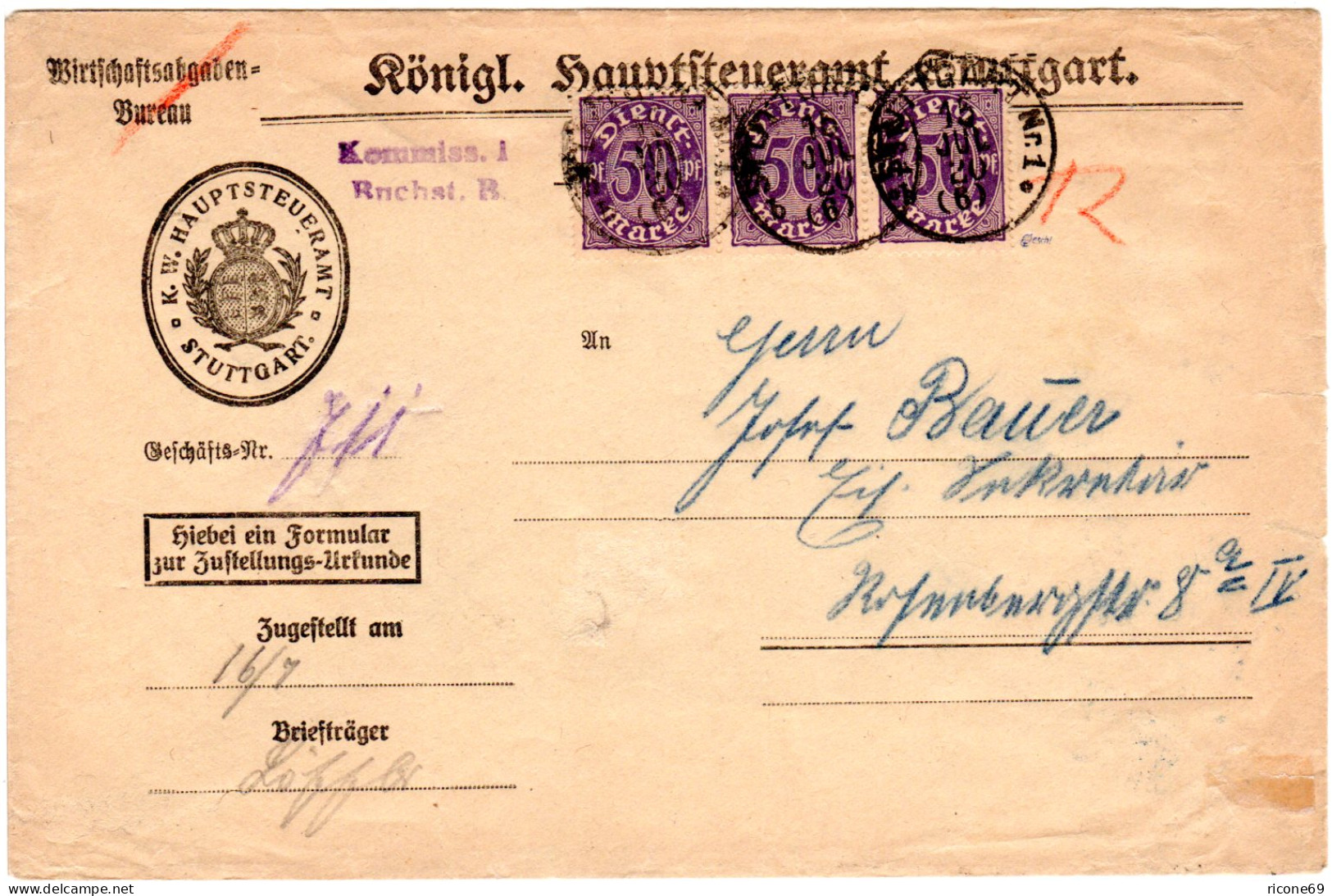 DR 1920, MeF 3x50 Pf. Dienst Auf Zustellungsurkunde Brief V. Stuttgart. Geprüft. - Service