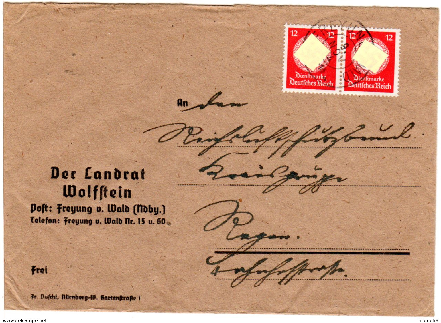 DR 1944, 2x12 Pf. Dienst Auf Landrat Wolfstein Brief M. K2 Freyung N. Regen - Dienstmarken