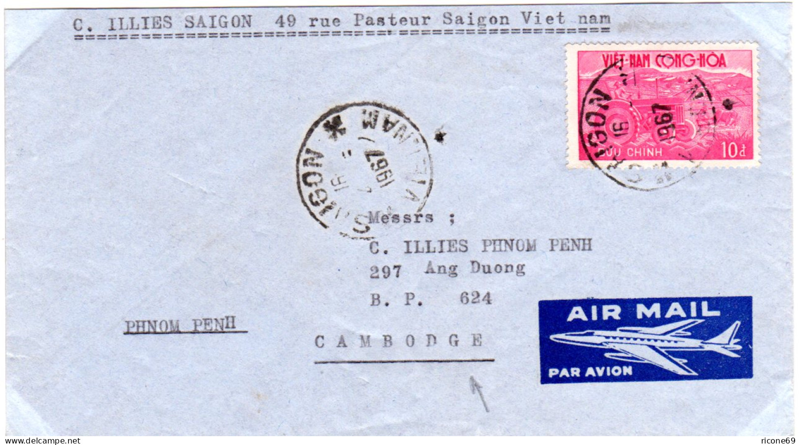 Vietnam 1967, 10d Auf Luftpost Brie V. Saigon N. Phnom Penh, Kambodscha - Asia (Other)