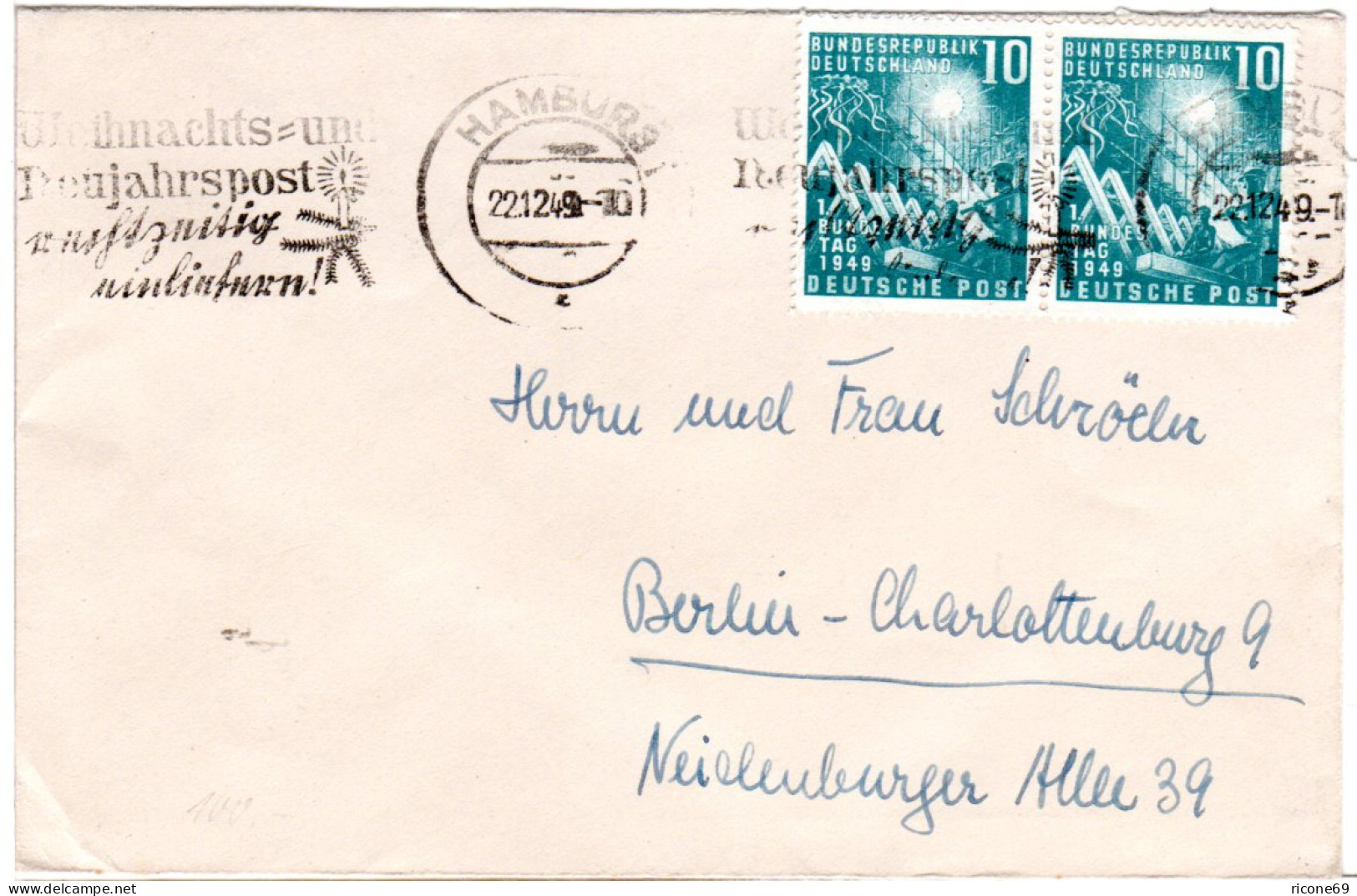 BRD 1949, MeF Paar 10 Pf. Bundestag Auf Bedarfs-Brief Hamburg N. Berlin. - Covers & Documents