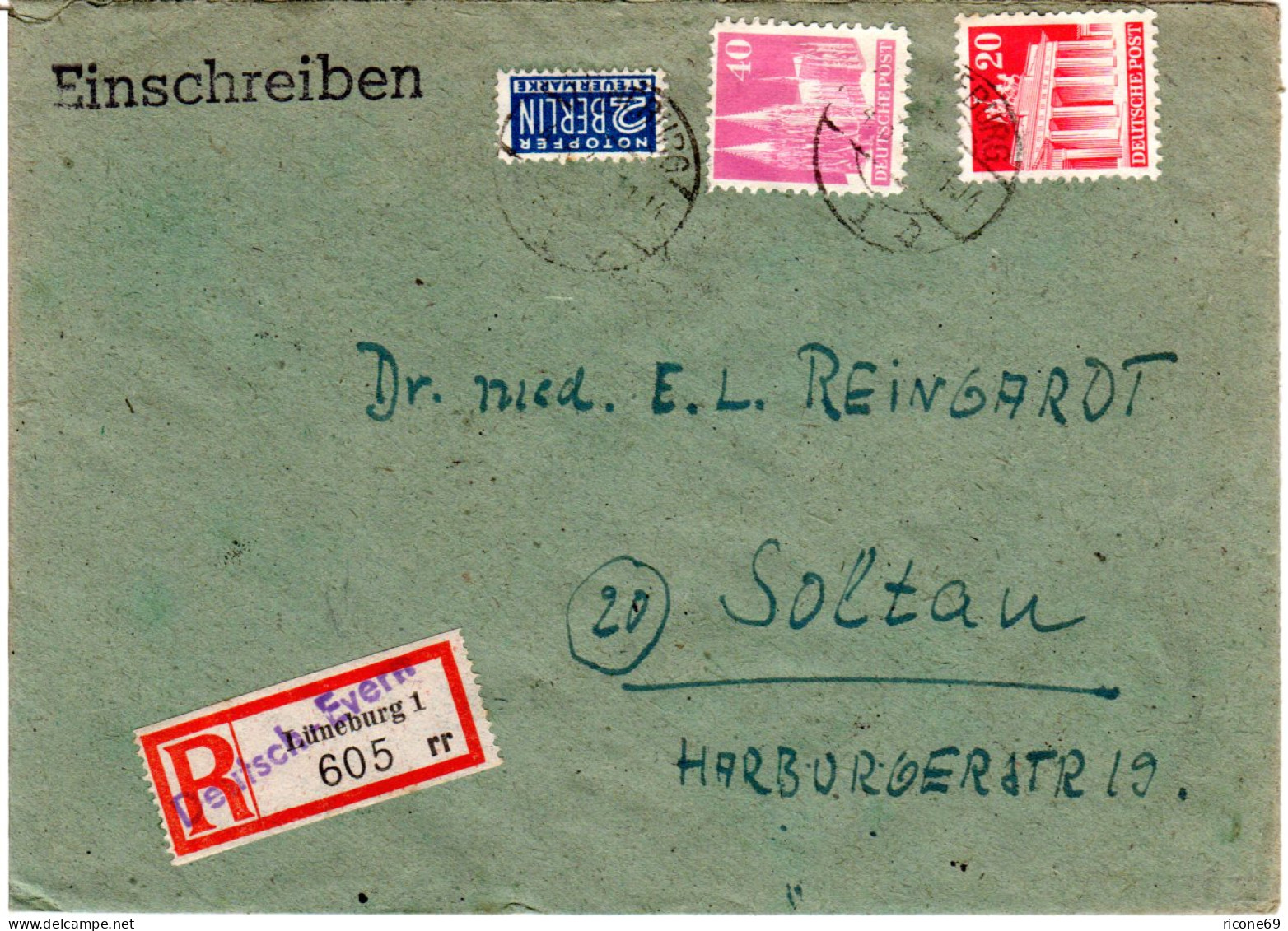 1949, 20+40 Pf. Bauten Auf Brief M. Not Reko-Zettel Deutsch-Evern/Lüneburg 1 - Brieven En Documenten