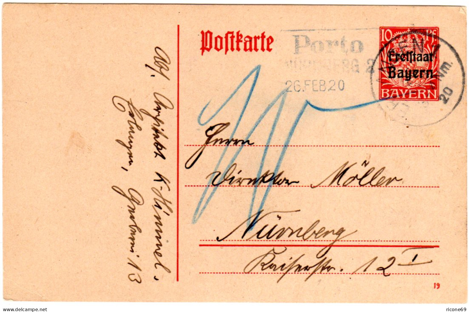 Bayern 1920, R3 Porto NÜRNBERG 2 Auf 10 Pf. Ganzsachenkarte V. Erlangen - Briefe U. Dokumente