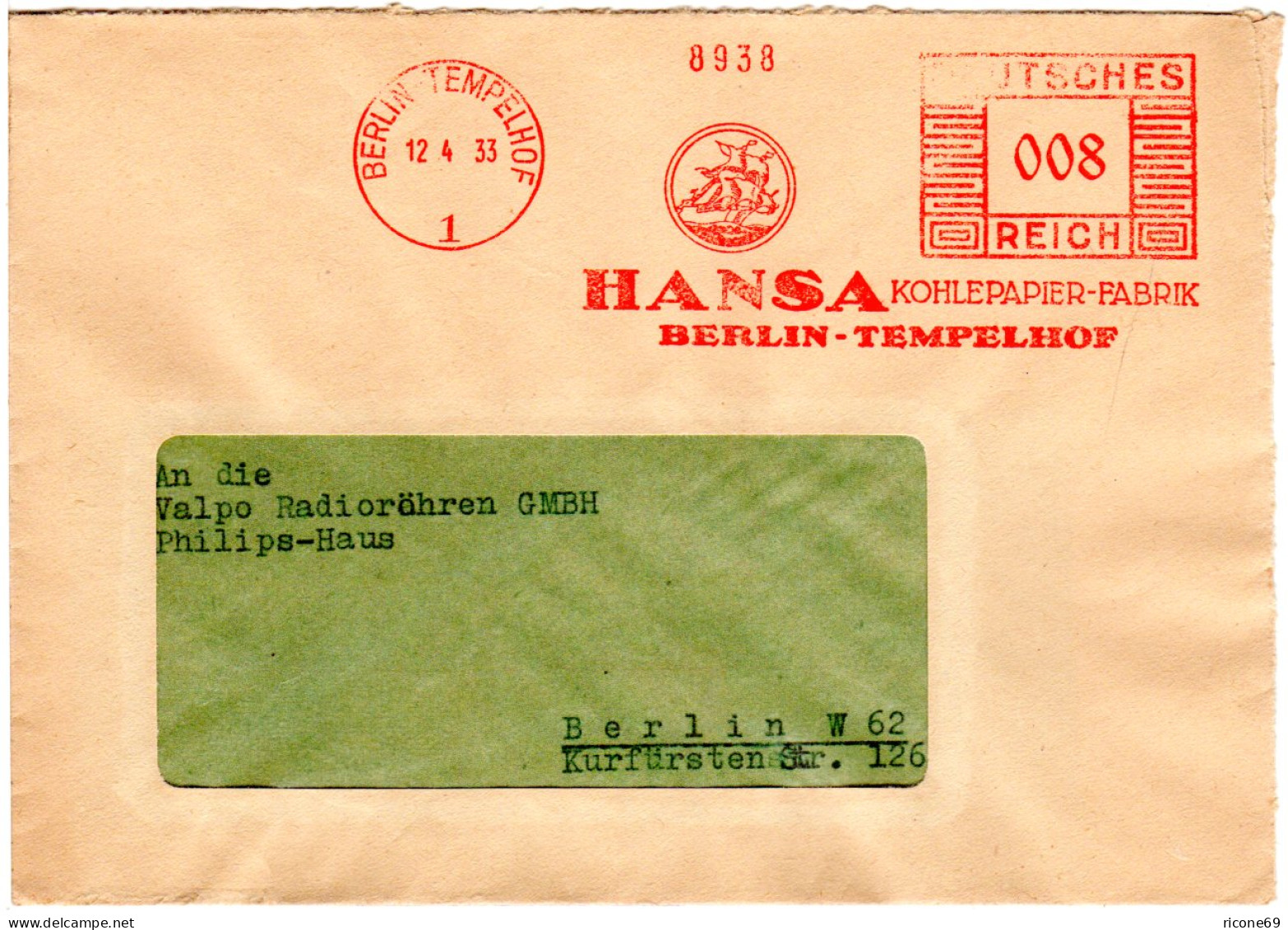 DR 1933, 8 Pf. Berlin Tempelhof Kohlepapier Freistempel Auf Orts- Brief - Briefe U. Dokumente