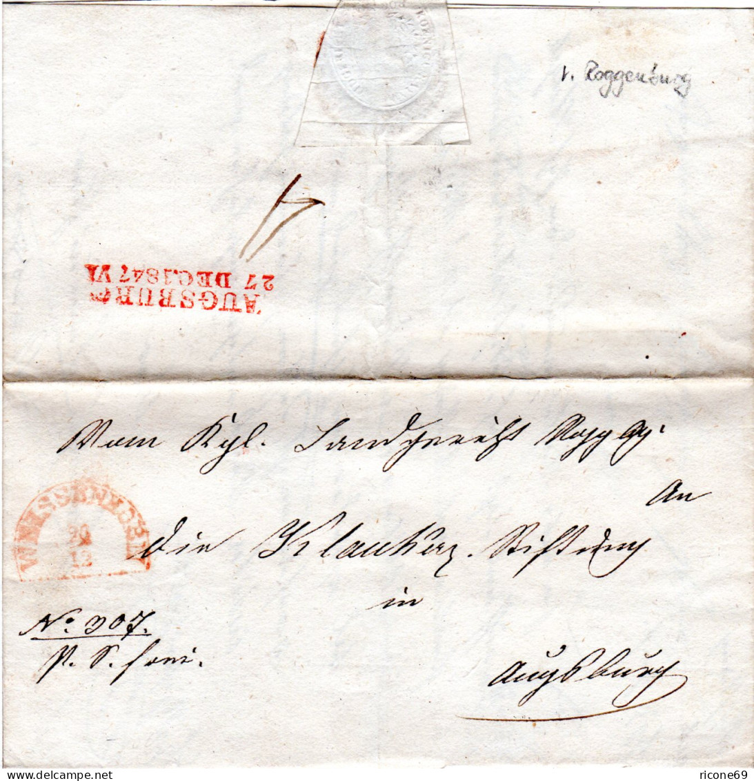 Bayern 1847, Roter HKS WEISSENHORN Auf Franko Brief V. Roggenburg N. Augsburg - Prephilately