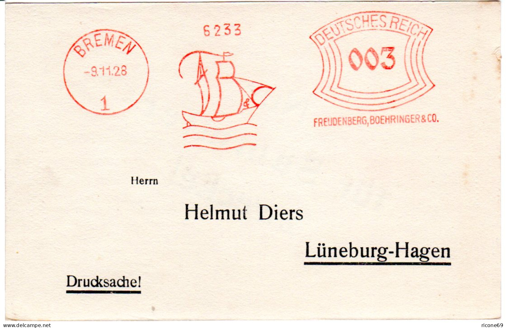 DR 1928, 3 Pf. AFS Boehringer & Co. Freudenberg Auf Drucksache Karte V. Bremen - Cartas & Documentos