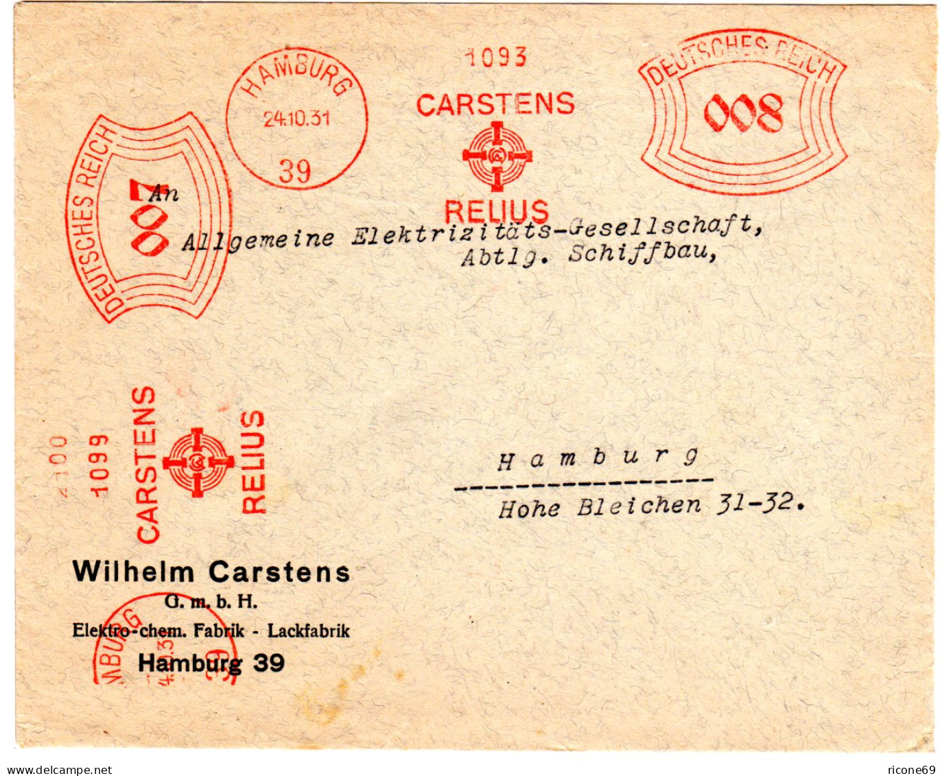 DR 1931, 7+8 Pf. AFS Carstens + Relius Auf Firmen Orts-Brief V. Hamburg - Brieven En Documenten