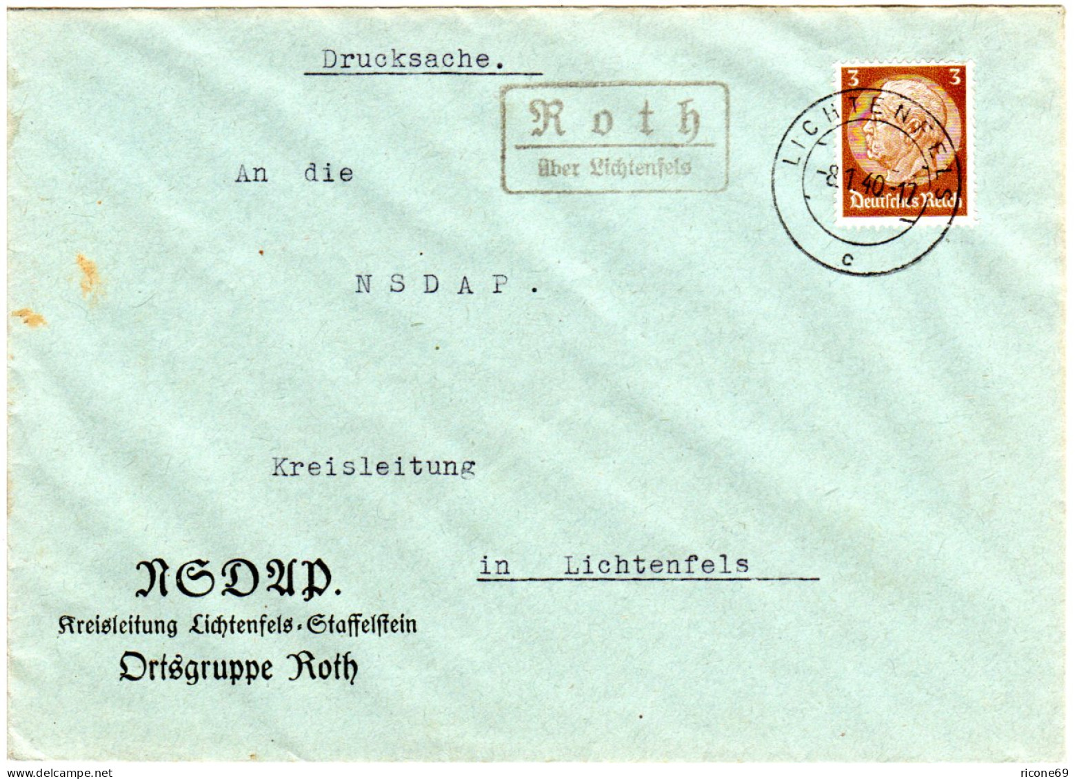 DR 1940, Landpoststpl. ROTH über Lichtenfels Auf NSDAP Drucksache Brief M. 3 Pf. - Briefe U. Dokumente