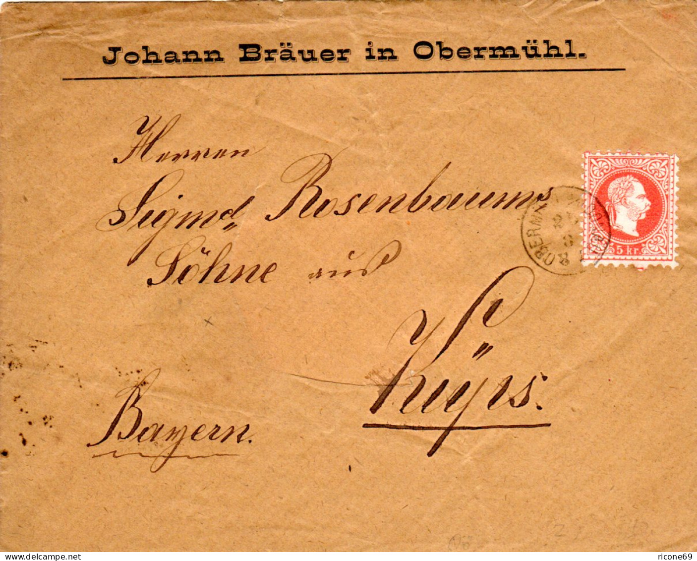 Österreich 1881, Fingerhutstpl. OBERMÜHL A/d DONAU Auf Firmenbrief M. 5 Kr. - Storia Postale