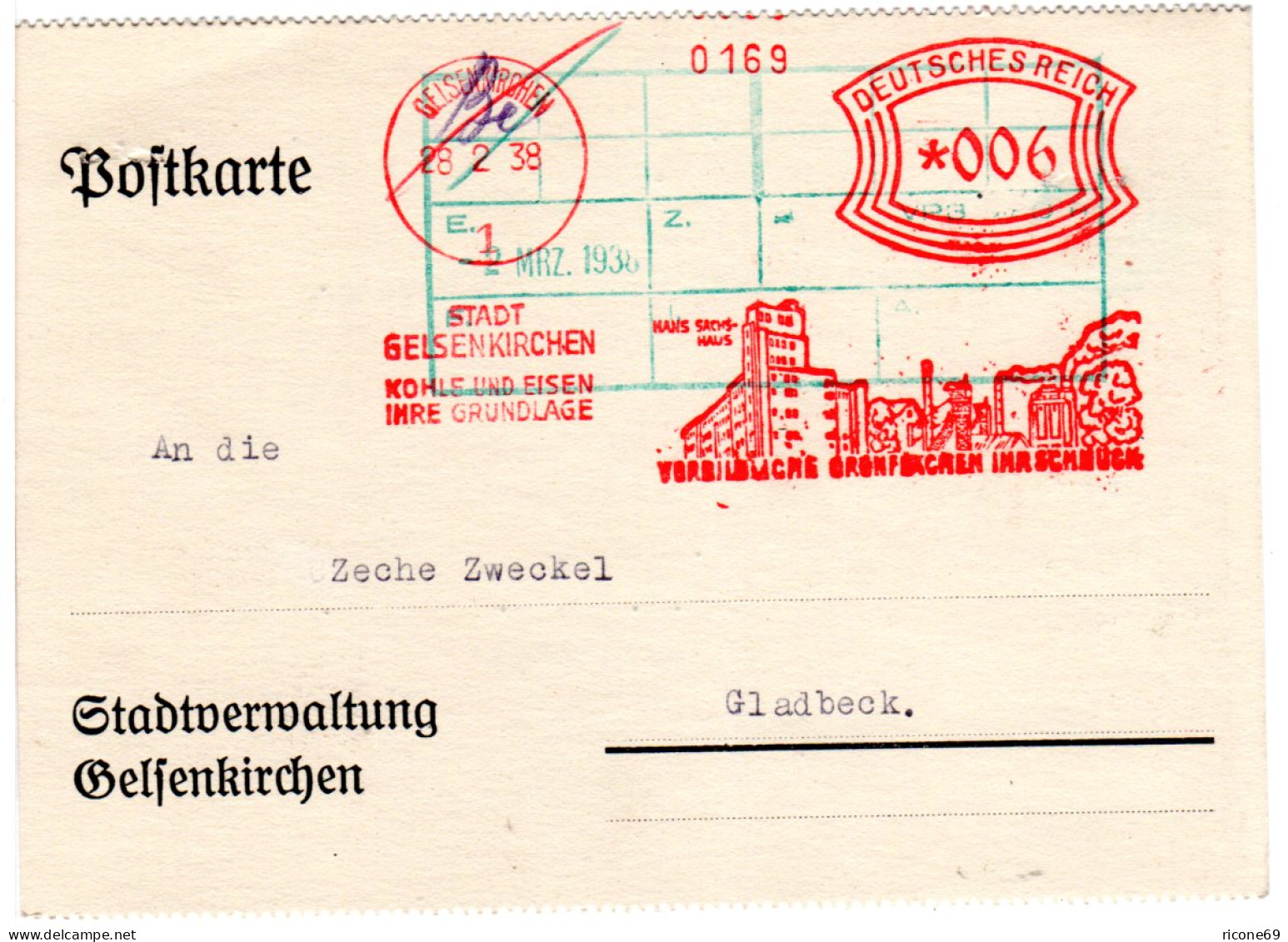 DR 1938, 6 Pf. AFS Stadt Gelsenkirchen Hans Sachs-Haus Auf Karte N. Gladbeck - Briefe U. Dokumente