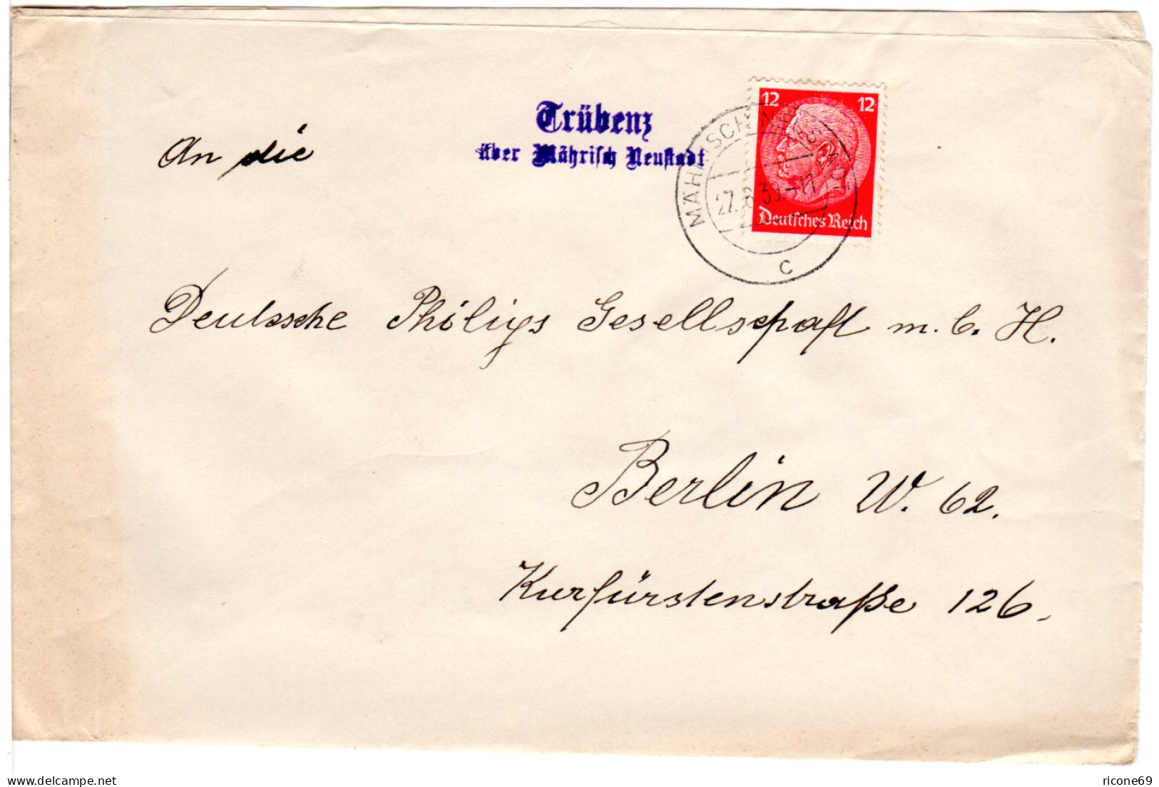 Böhmen U. Mähren 1939, Brief M. 12 Pf. U. L2 TRÜBENZ über Mährisch Neustadt  - Occupation 1938-45