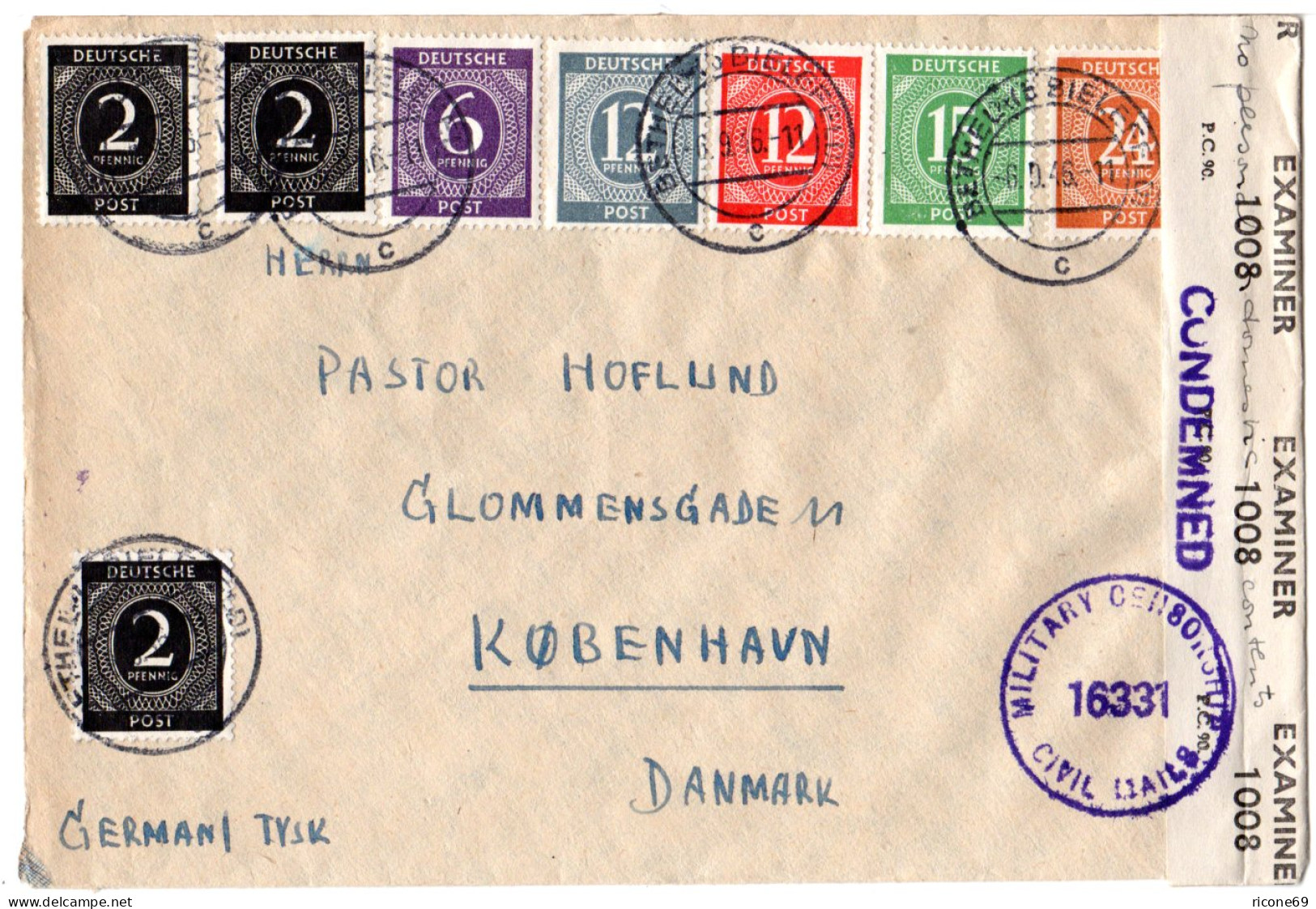 1946, Selt. Zensur-L1 CONDEMNED Auf Brief M. 8 Marken V. Bethel Bielefeld N. DK - Storia Postale