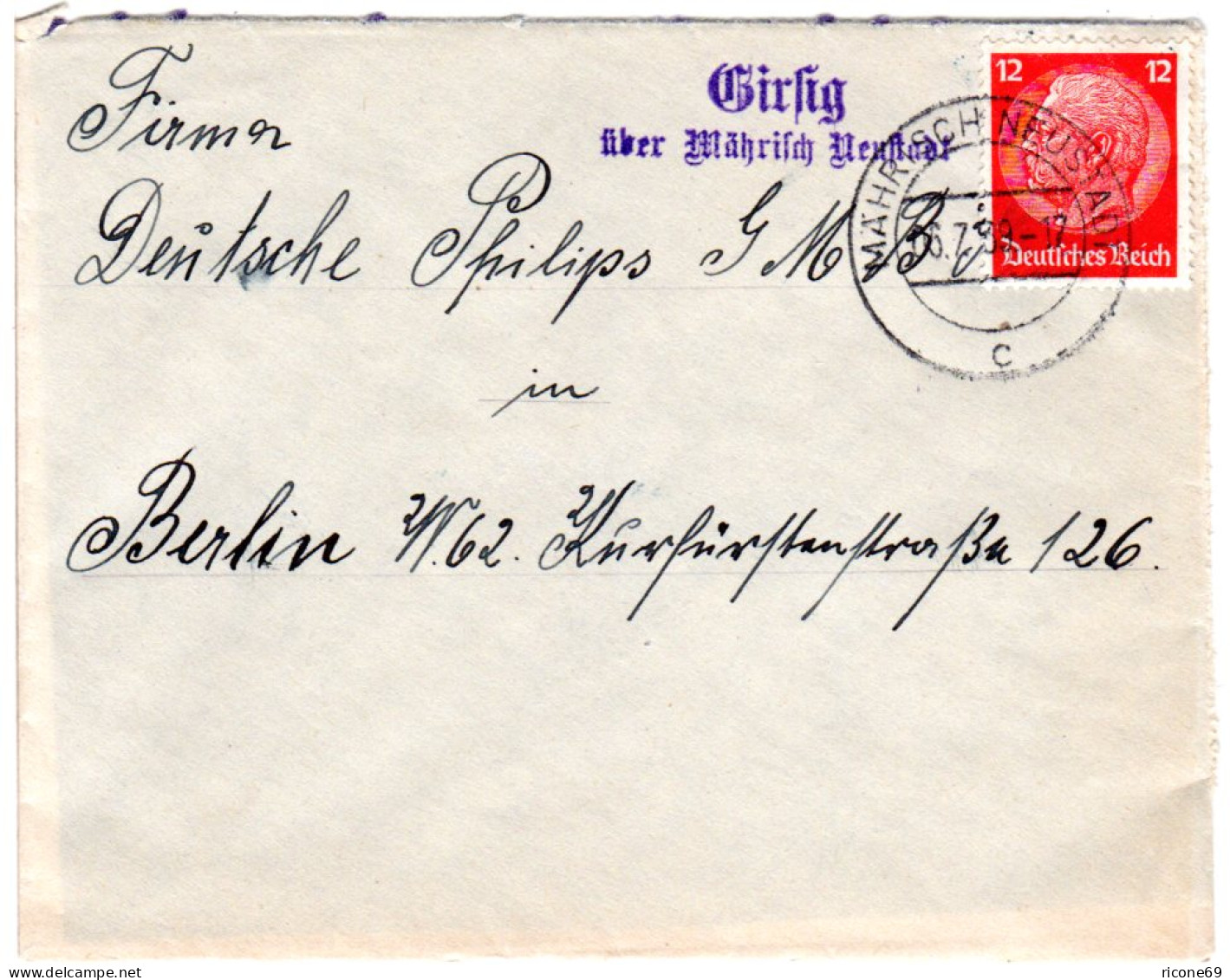 Böhmen U. Mähren 1939, Brief M. 12 Pf. U. L2 GIRSIG über Mährisch Neustadt  - Ocupación 1938 – 45