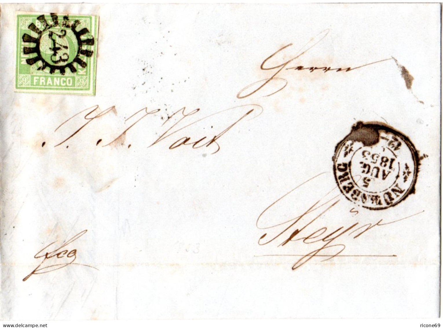 Bayern 1853, Breitrandige 9 Kr. Auf Brief M. MR 243 V. Nürnberg N. Österreich - Briefe U. Dokumente