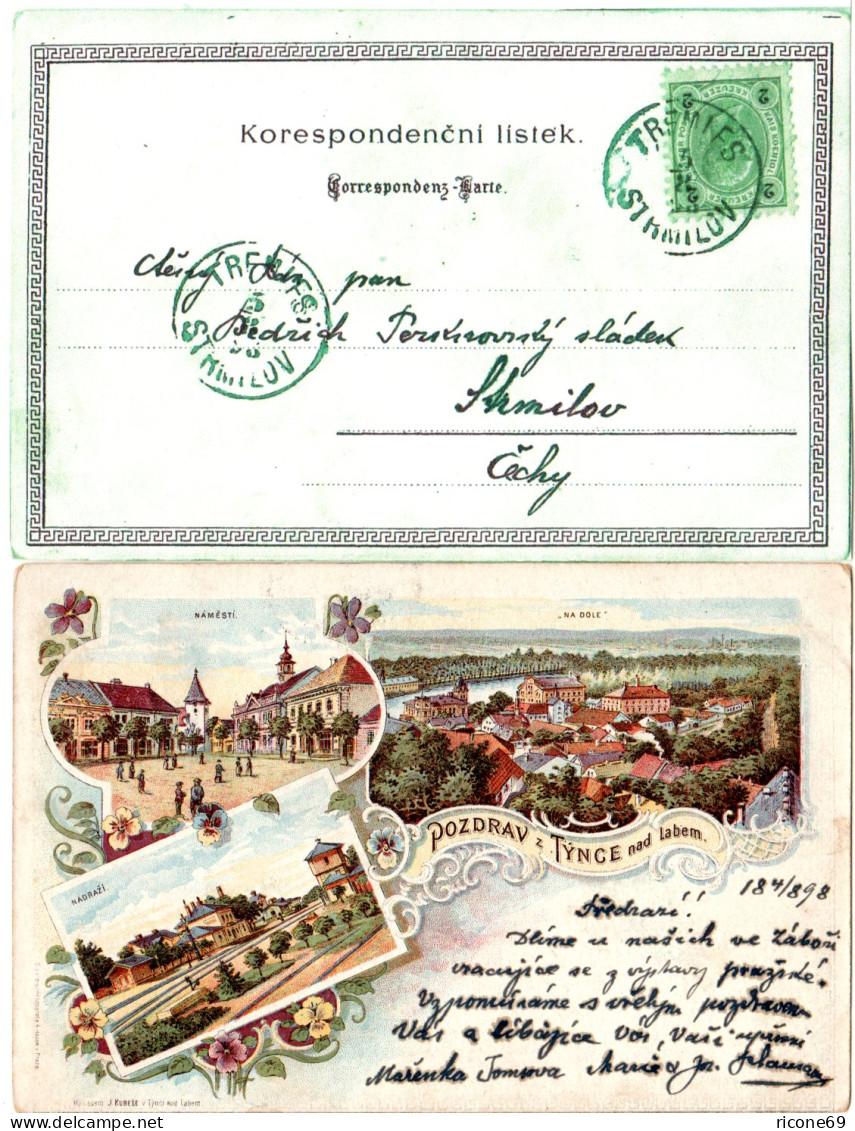 Österreich 1898, 2 Kr. Auf Litho-AK M. 2-sprachigem Stempel TREMLES STRMILOV - Lettres & Documents