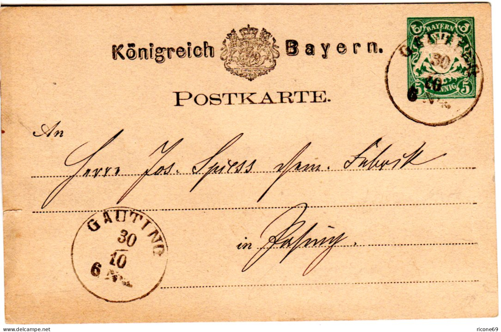 Bayern 1878, K1 GAUTING Auf 5 Pf. Ganzsache N. Pasing. - Covers & Documents