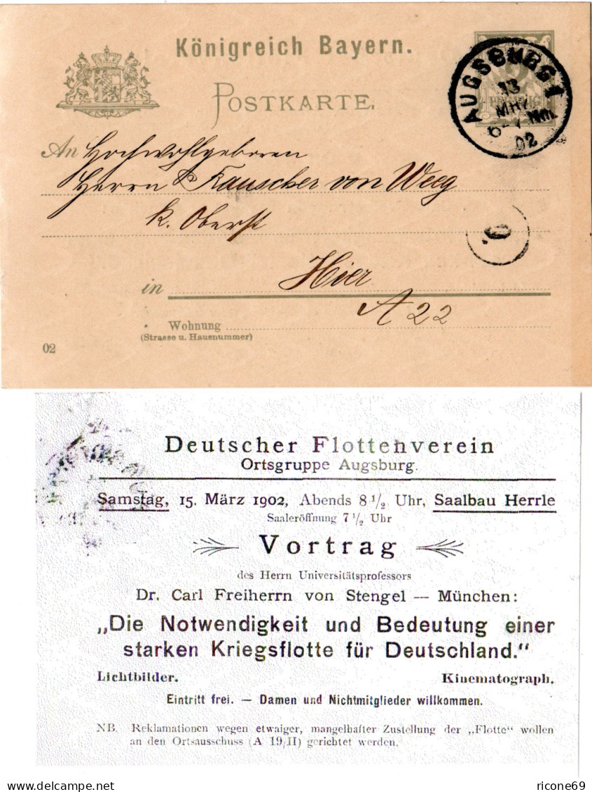Bayern 1902, Pf. Ortskarte V. Augsburg M. Rücks. Zudruck  Dt. Flottenverein - Briefe U. Dokumente
