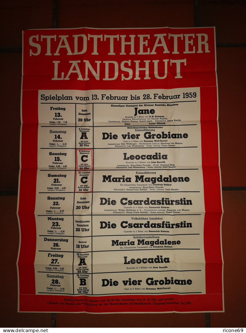 BRD 1959, 7 Pf. Auf Stadttheater Landshut Spielplan Drucksache - Lettres & Documents