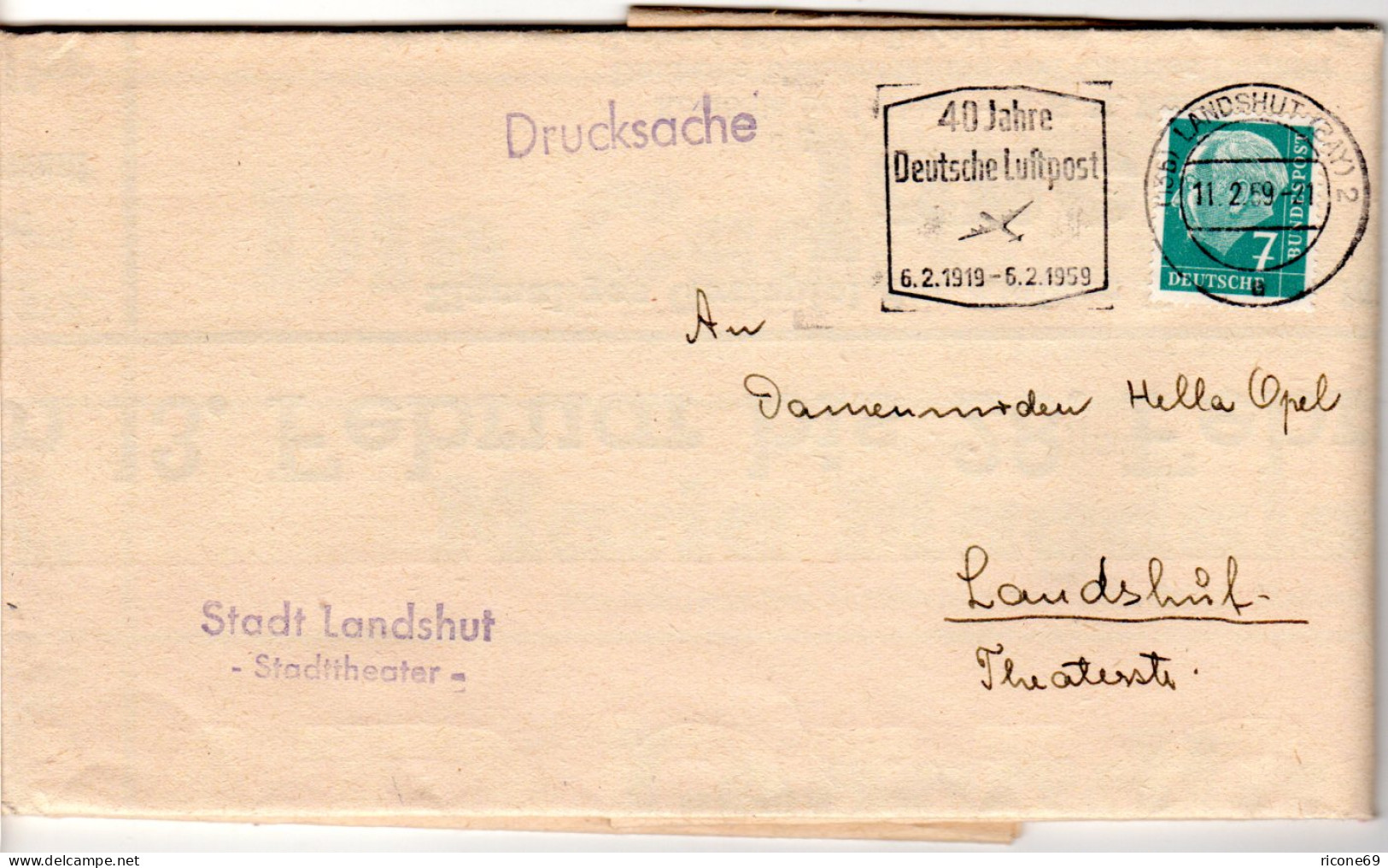 BRD 1959, 7 Pf. Auf Stadttheater Landshut Spielplan Drucksache - Cartas & Documentos