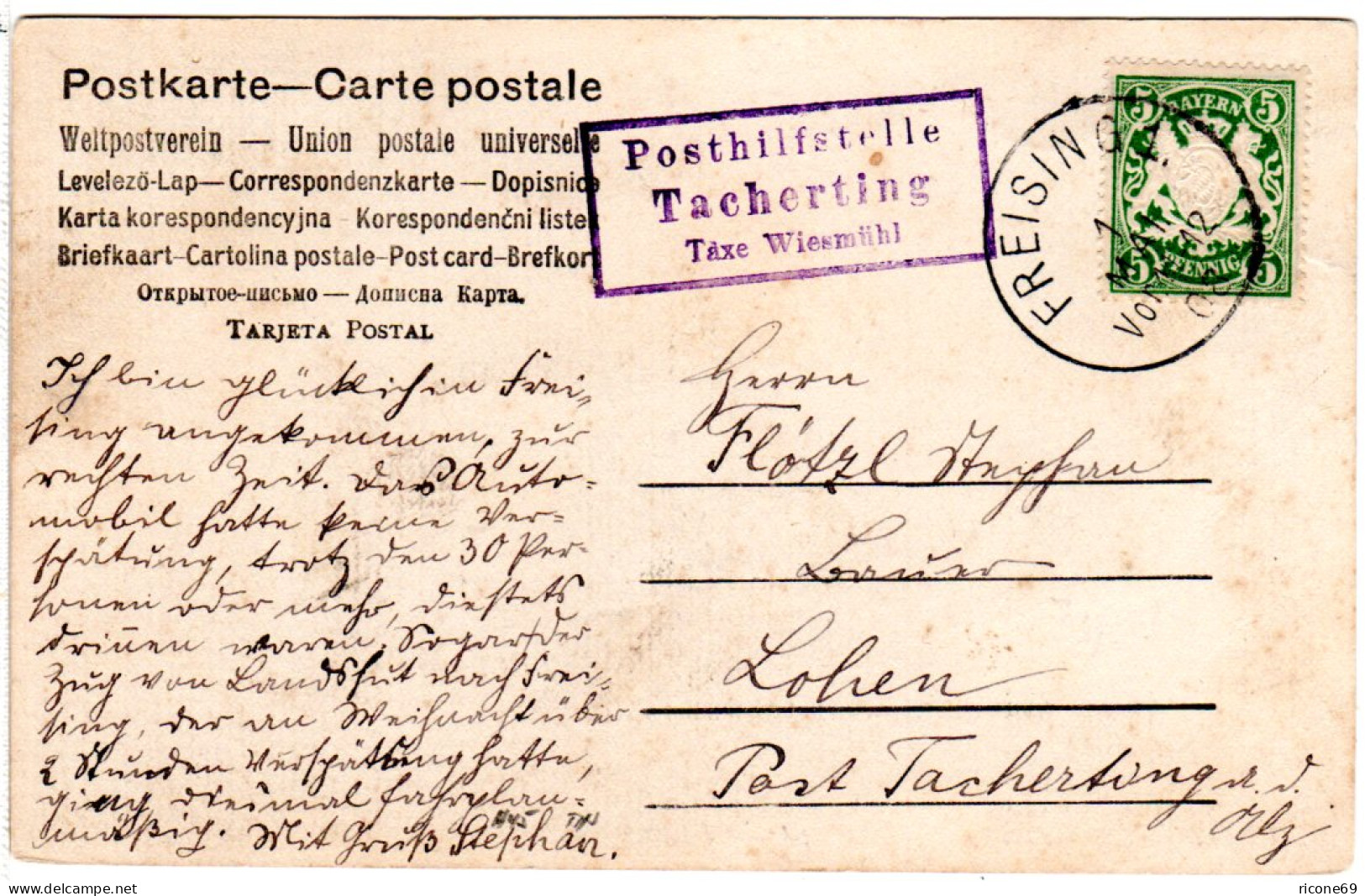 Bayern 1908, Posthilfstelle TACHERTING Taxe Wiesmühl, Ank.Stpl. Auf AK M. 5 Pf. - Briefe U. Dokumente