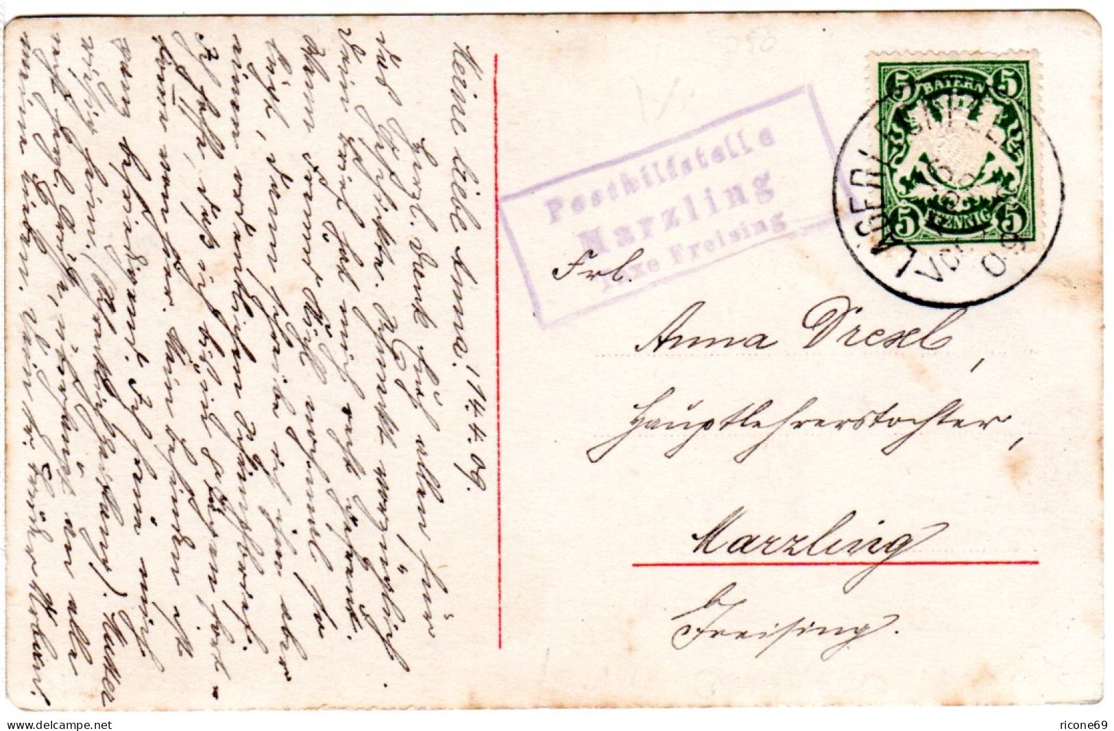 Bayern 1909, Posthilfstelle MARZLING Taxe Freising Als Ank.Stpl. Auf AK M. 5 Pf. - Briefe U. Dokumente