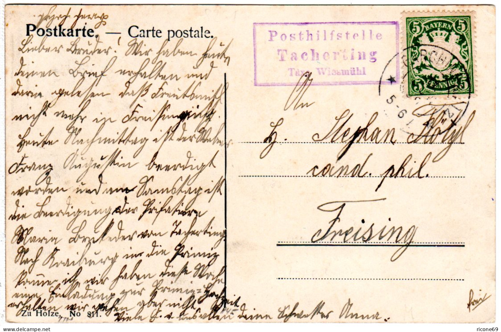 Bayern 1906, Posthilfstelle TACHERTING Taxe Wiesmühl Auf Karte M. 5 Pf. - Cartas & Documentos