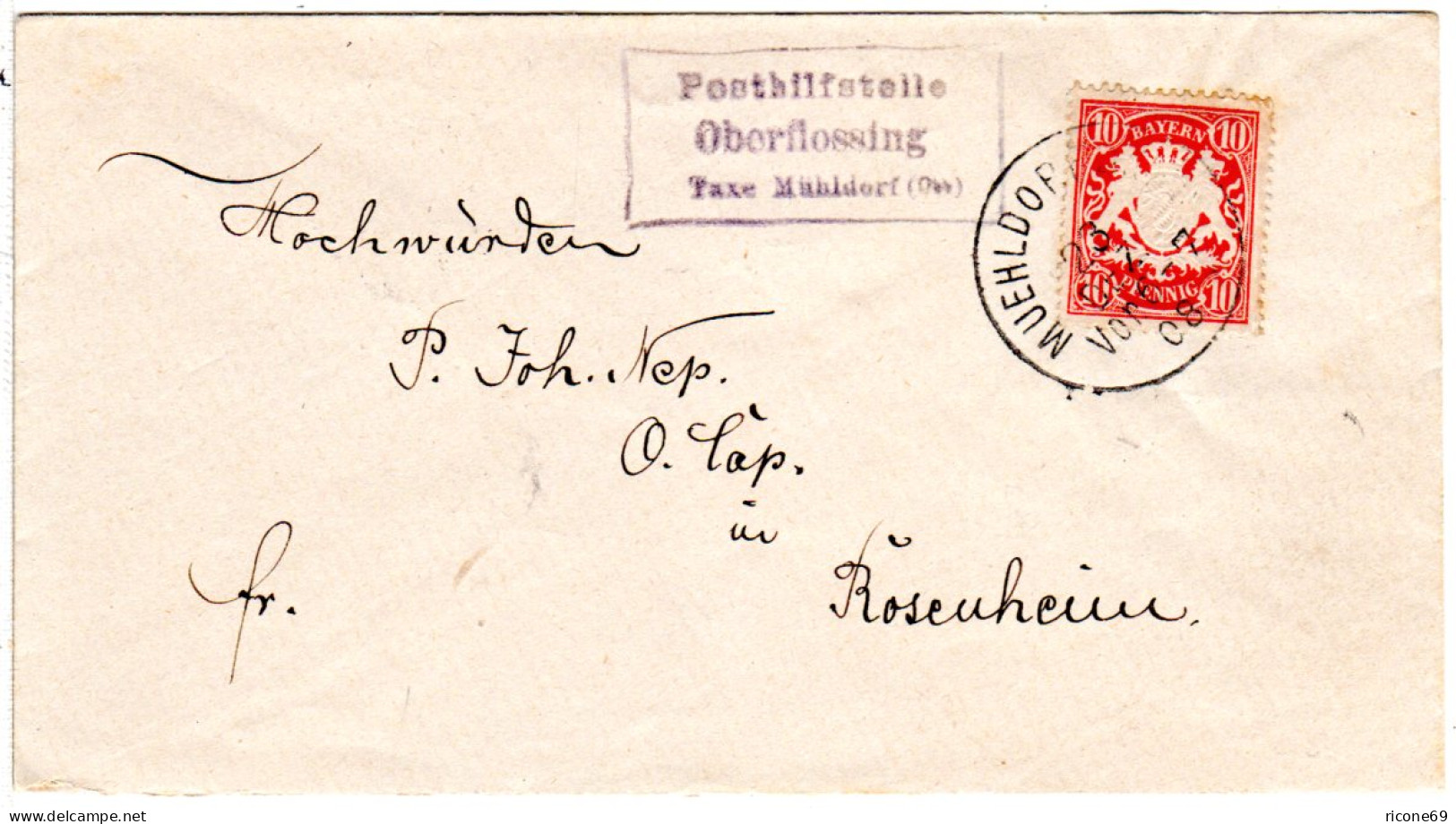 Bayern 1908, Posthilfstelle OBERFLOSSING Taxe Mühldorf Auf Brief M. 10 Pf. - Covers & Documents