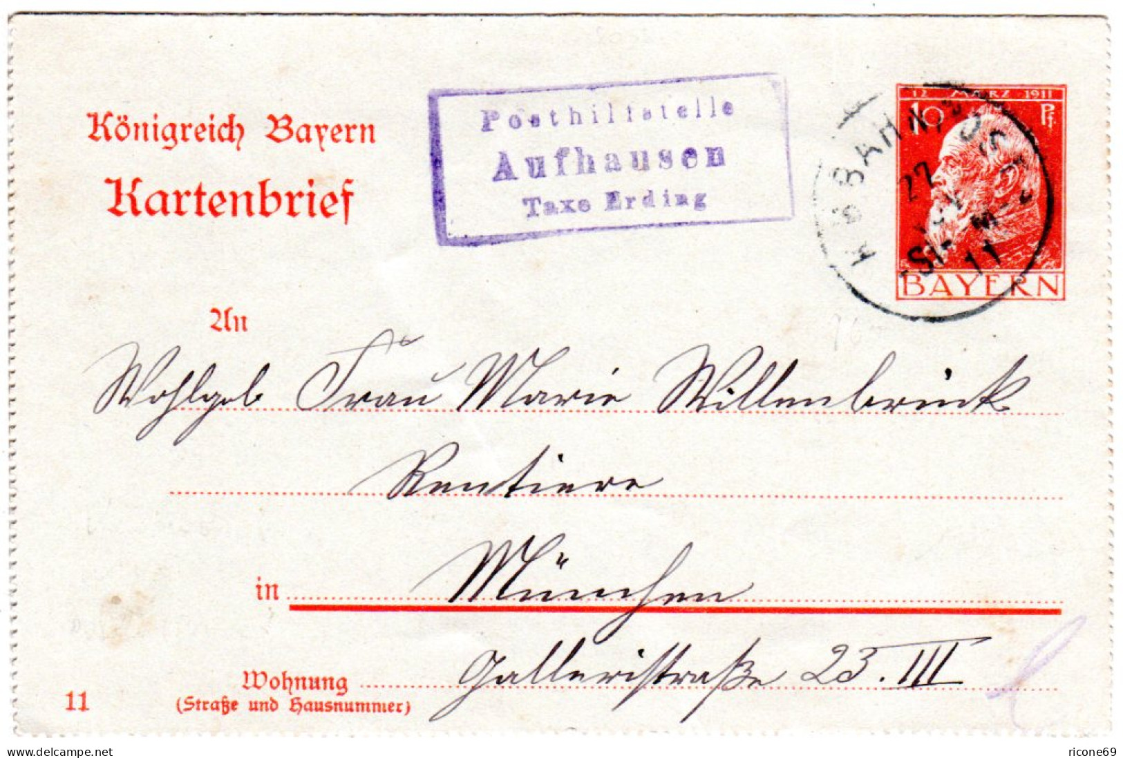 Bayern 1911, Posthilfstelle AUFHAUSEN Taxe Erding Auf 10 Pf. Kartenbrief  - Briefe U. Dokumente