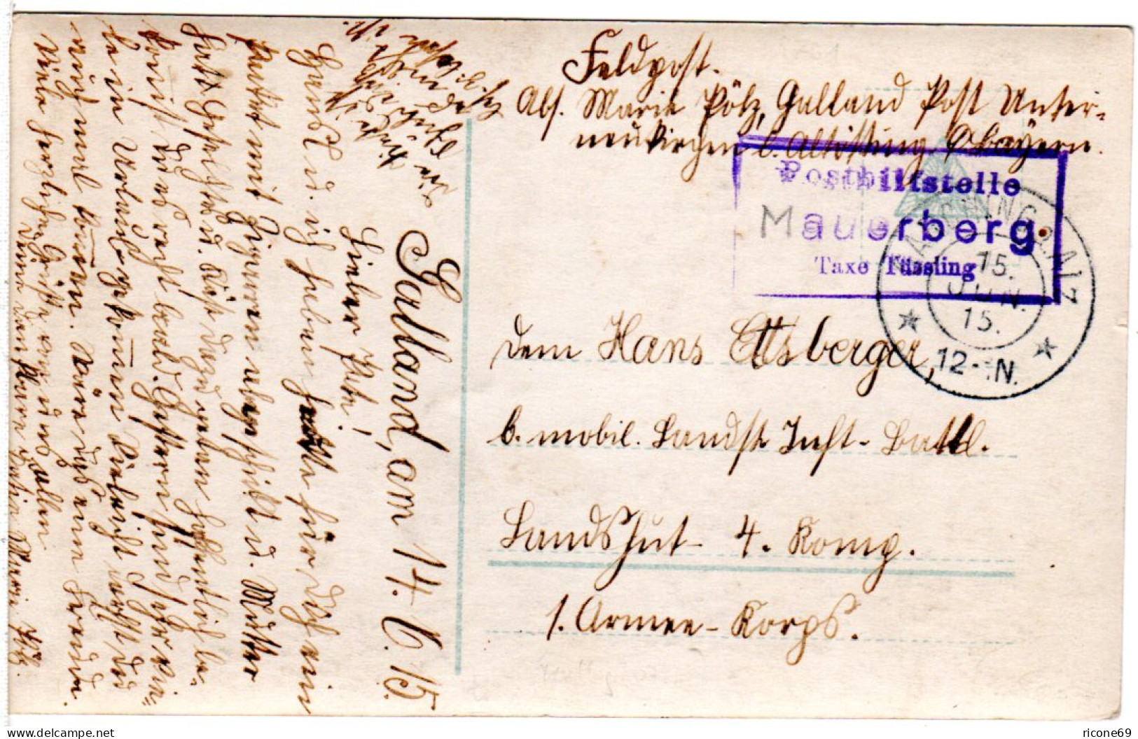 Bayern 1915, Posthilfstelle MAUERBERG Taxe Tüssling Auf Feldpost Karte  - Covers & Documents