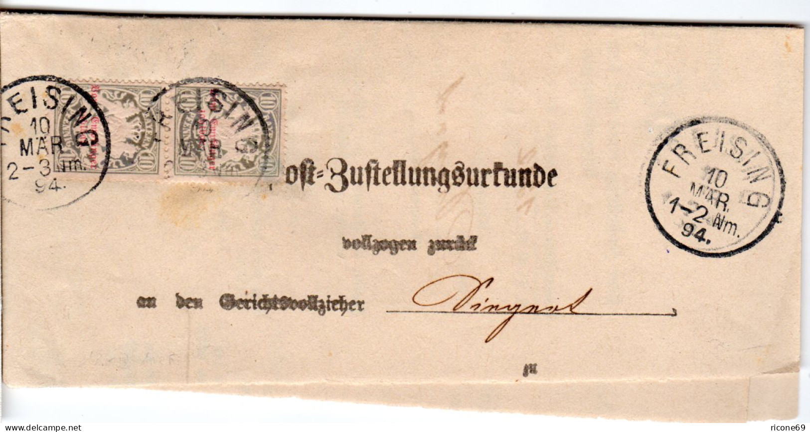 Bayern 1894, Paar 10 Pf. Porto Auf Zustellungsurkunde V. Freising  - Cartas & Documentos