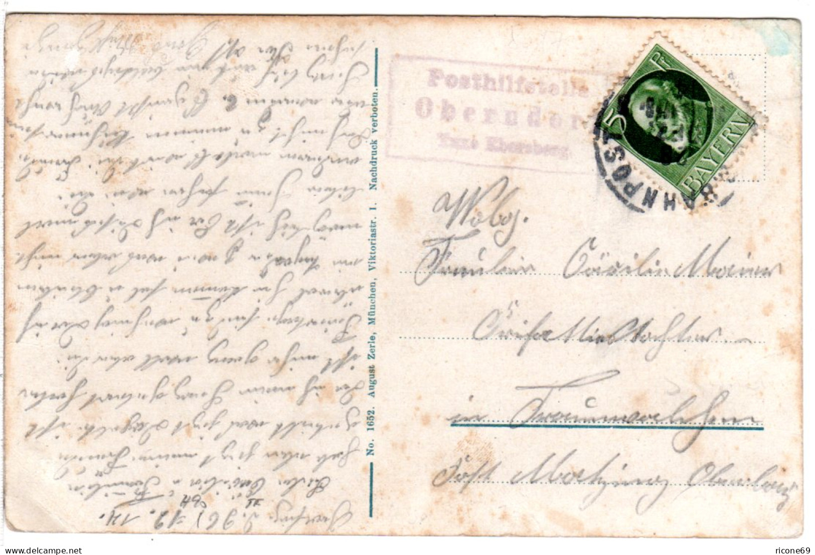 Bayern 1914, Posthilfstelle OBERNDORF Taxe Ebersberg Auf Bahnpost Karte M. 5 Pf. - Cartas & Documentos