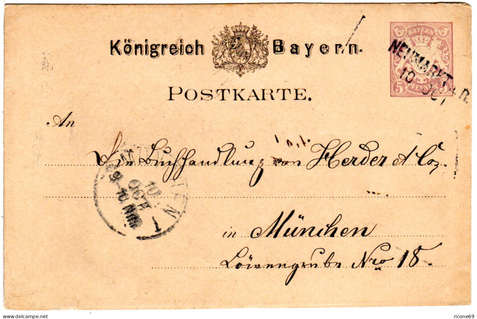 Bayern 1879, L2-Aushilfstempel NEUMARKT A.R. Auf 5 Pf. Ganzsache. - Lettres & Documents