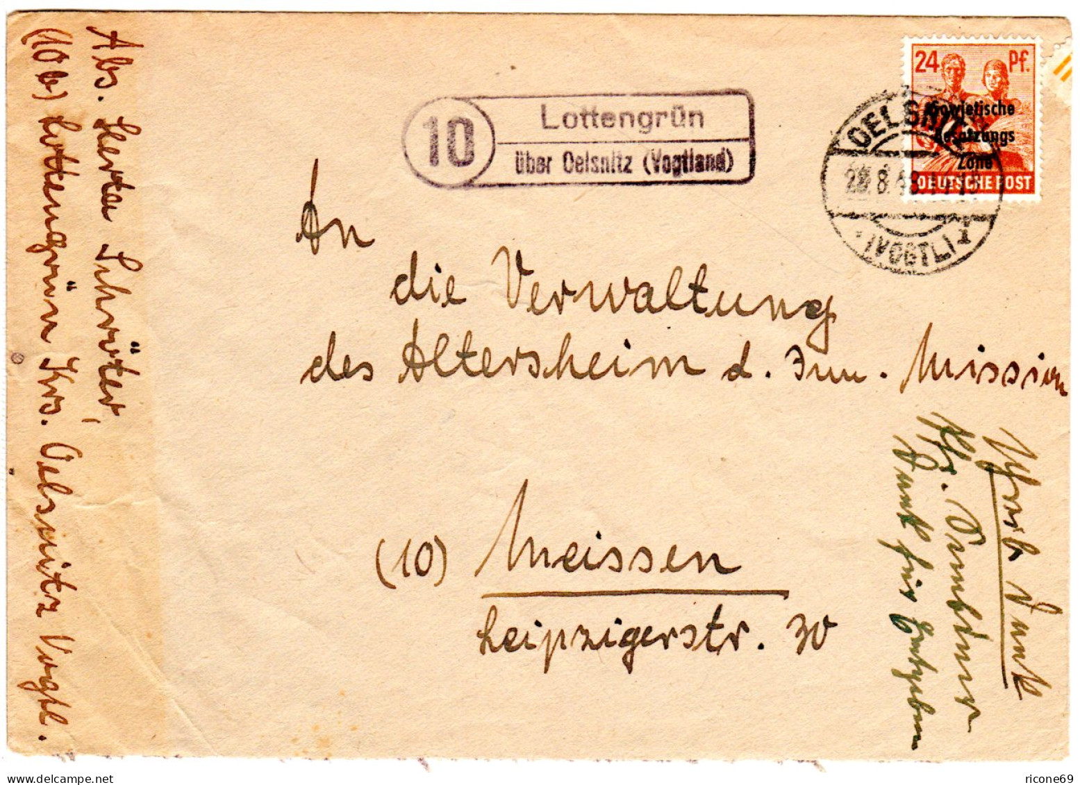 SBZ 1948, Landpoststellen Stpl. 10 LOTTENGRÜN über Oelsnitz Auf Brief M. 24 Pf. - Brieven En Documenten
