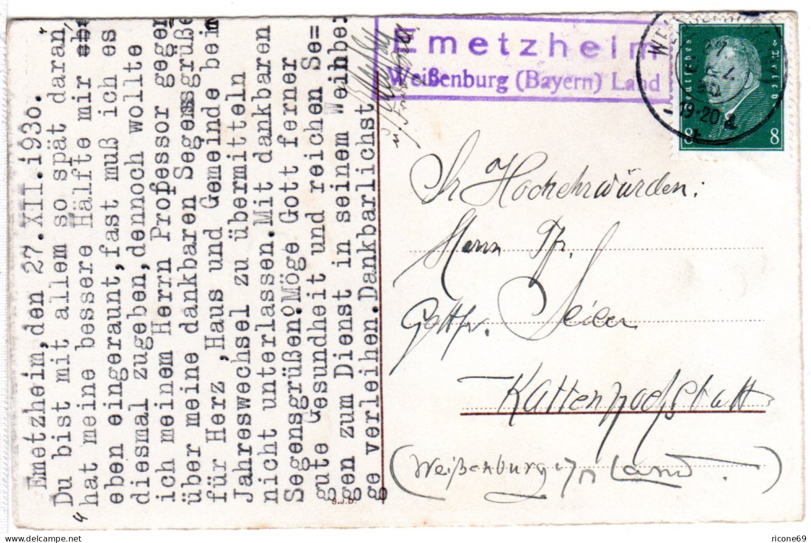 DR 1930, Landpost Stpl. EMETZHEIM Weissenburg Land Auf Karte M. 8 Pf. - Brieven En Documenten