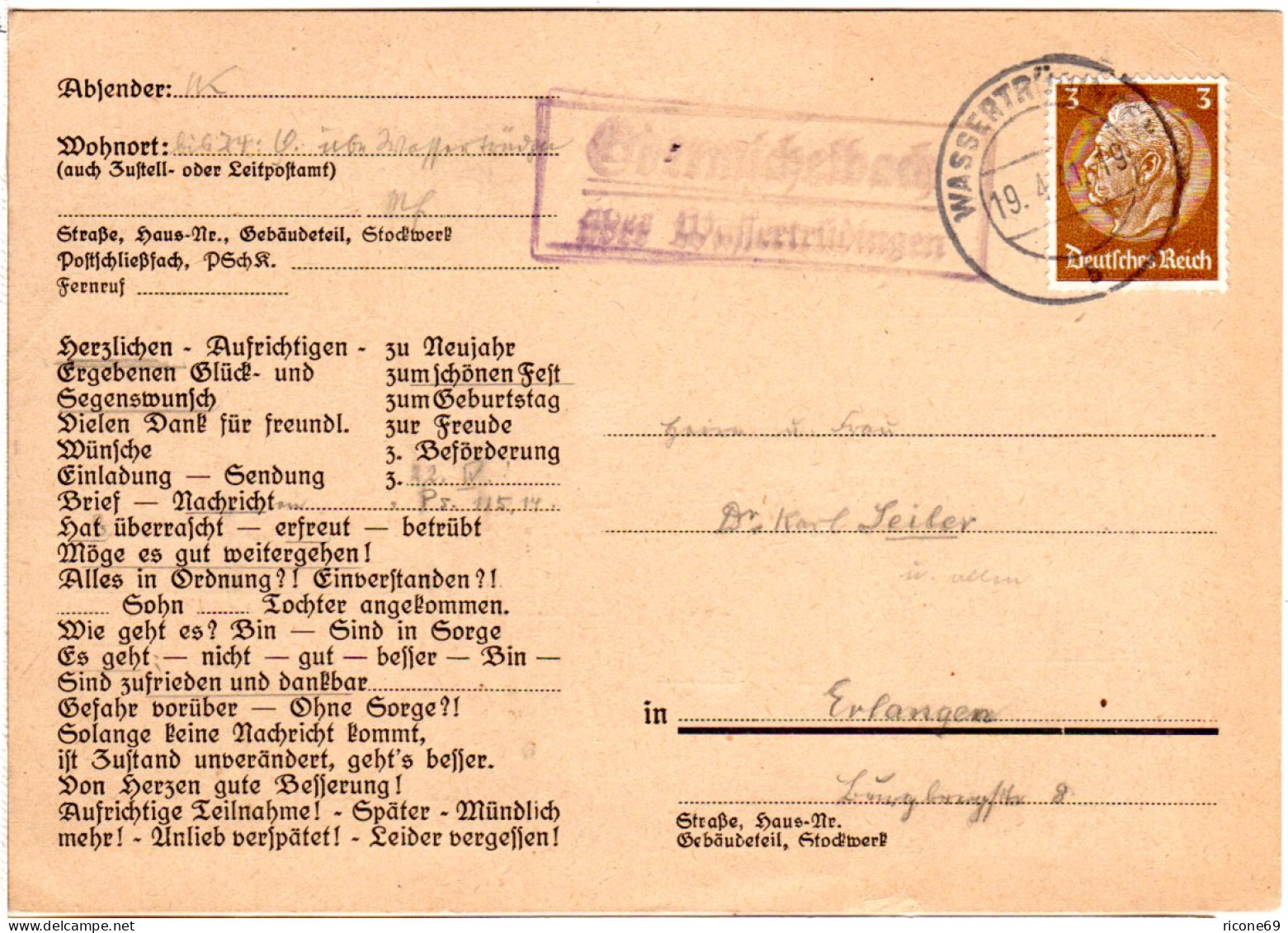 DR 1941, Landpost Stpl. OBERMICHELBACH über Wassertrüdingen Auf Karte M. 3 Pf. - Briefe U. Dokumente
