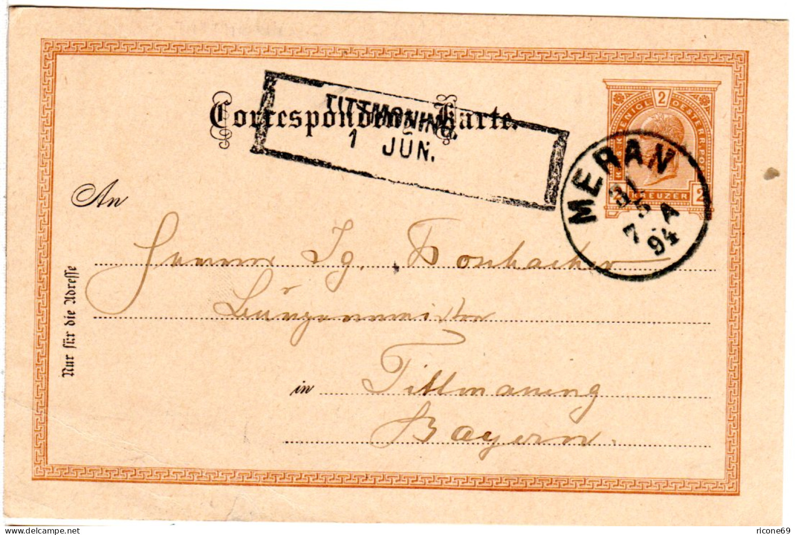 Bayern 1894, R2-Aushilfstempel TITTMONING Als Ank.Stpl. Auf 2 Kr. Österreich Ga. - Cartas & Documentos