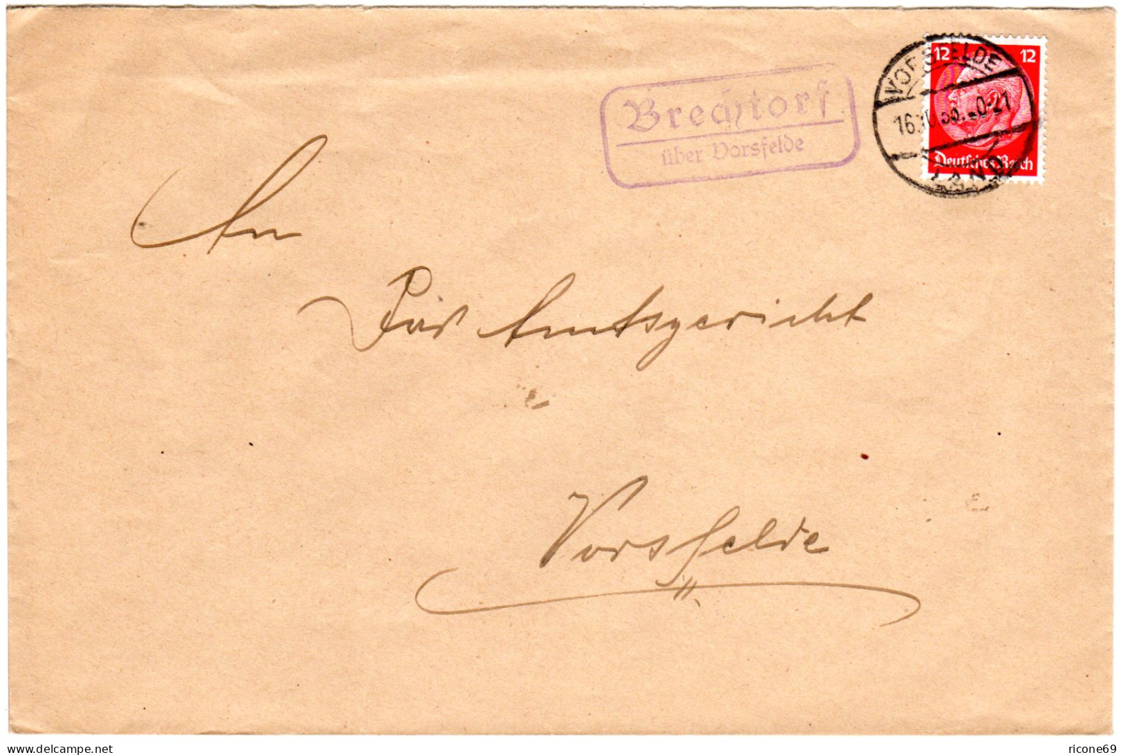 DR 1935, Landpoststpl. BRECHTORF über Vorsfelde Auf Brief M. 12 Pf. - Briefe U. Dokumente