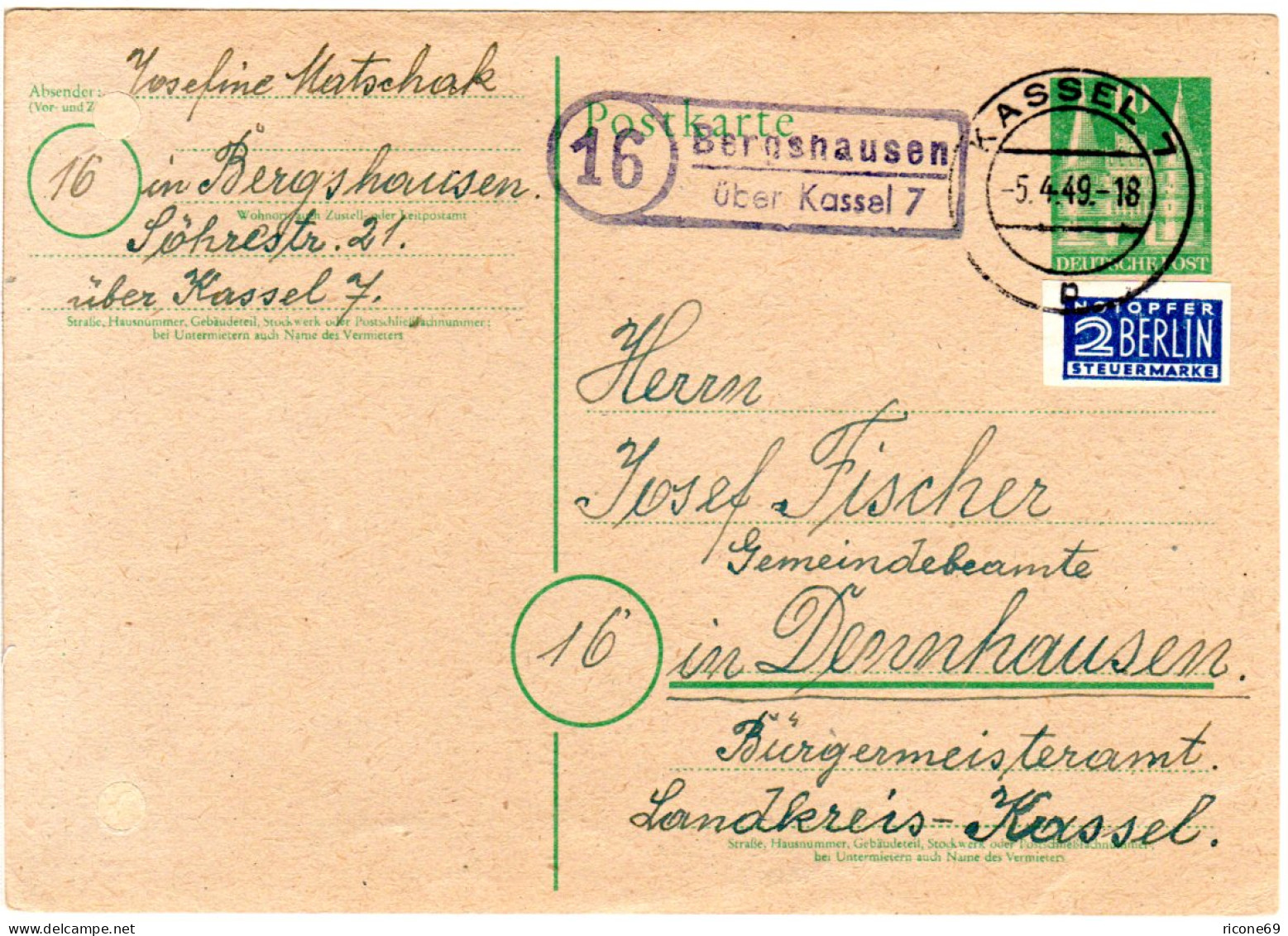 1949, Landpost Stempel 16 BERGSHAUSEN über Kassel 7 Auf 10 Pf. Ganzsache - Verzamelingen